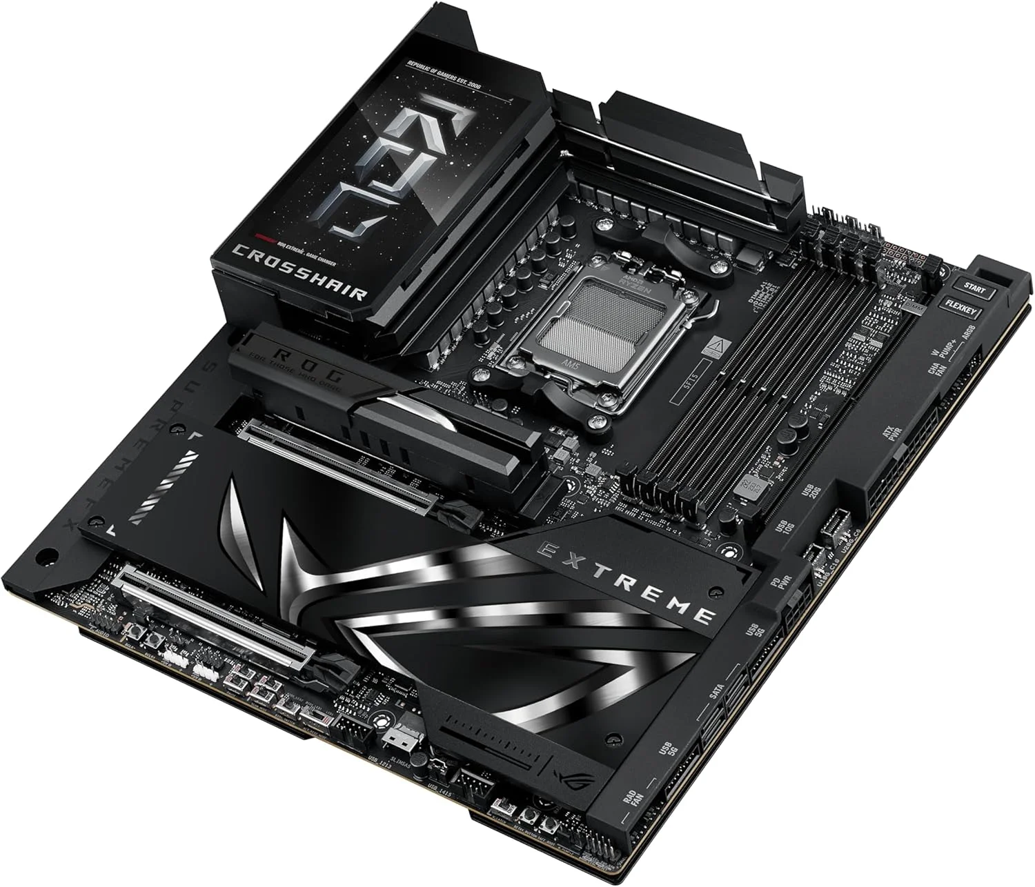 مادربرد گیمینگ ASUS ROG Crosshair X870E Extreme AMD X870E AM5 E-ATX - دارای 20+2+2 فاز قدرت، DDR5، PCIe 5.0، 5X M.2، LAN 5G & 10G، Wi-Fi 7، USB4 Type-C، LCD 5 اینچی، اورکلاکینگ و شبکه سازی هوش مصنوعی
