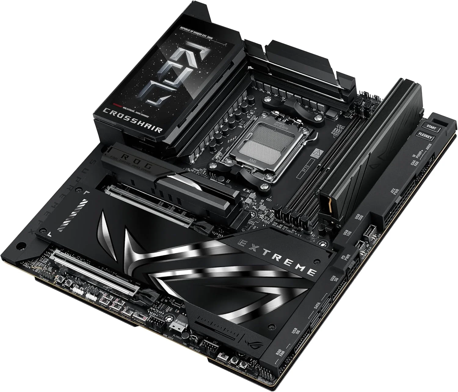 مادربرد گیمینگ ASUS ROG Crosshair X870E Extreme AMD X870E AM5 E-ATX - دارای 20+2+2 فاز قدرت، DDR5، PCIe 5.0، 5X M.2، LAN 5G & 10G، Wi-Fi 7، USB4 Type-C، LCD 5 اینچی، اورکلاکینگ و شبکه سازی هوش مصنوعی