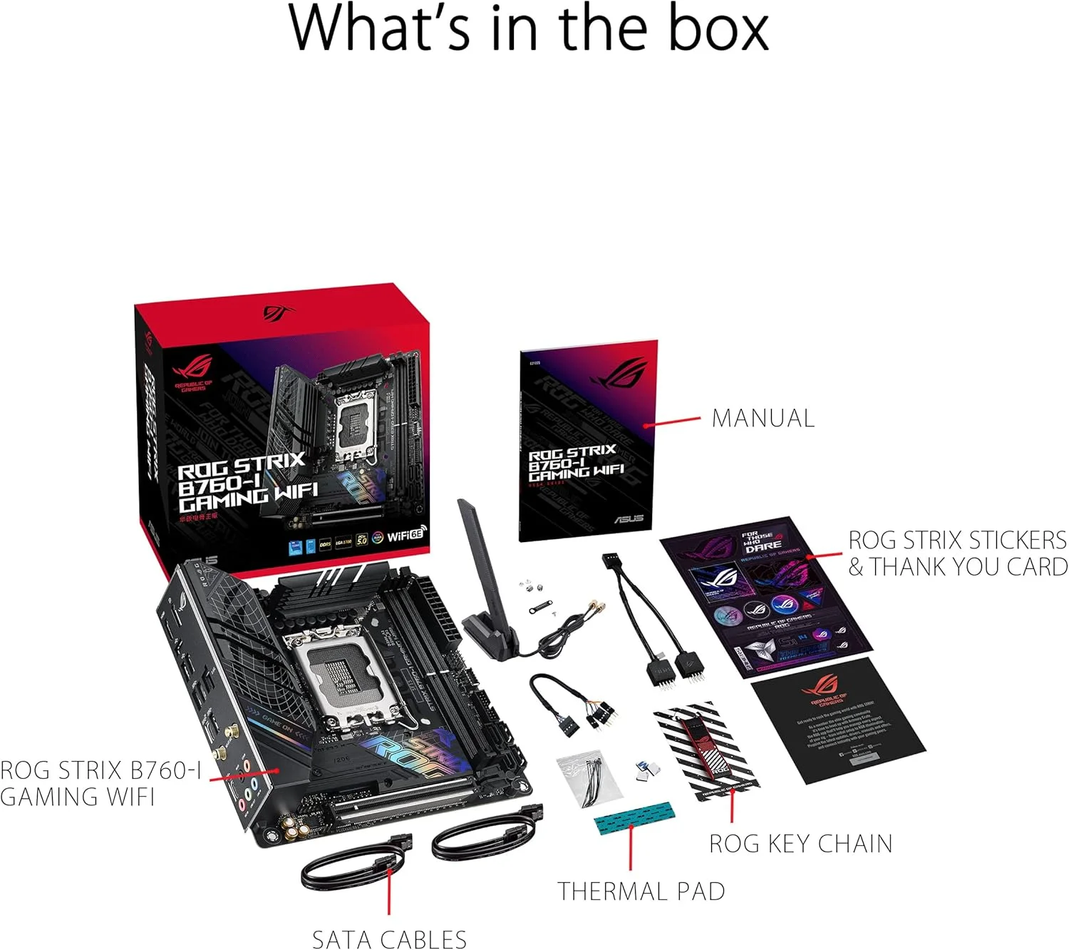 مادربرد ASUS ROG Strix B760-I Gaming WiFi Intel® B760 (نسل سیزدهم و دوازدهم) LGA 1700 mini-ITX، دارای 8 + 1 فاز قدرت، DDR5 تا 7600 MT/s، PCIe 5.0، 2 اسلات M.2، WiFi 6E، USB 3.2 Gen 2x2 Type-C و Aura Sync RGB