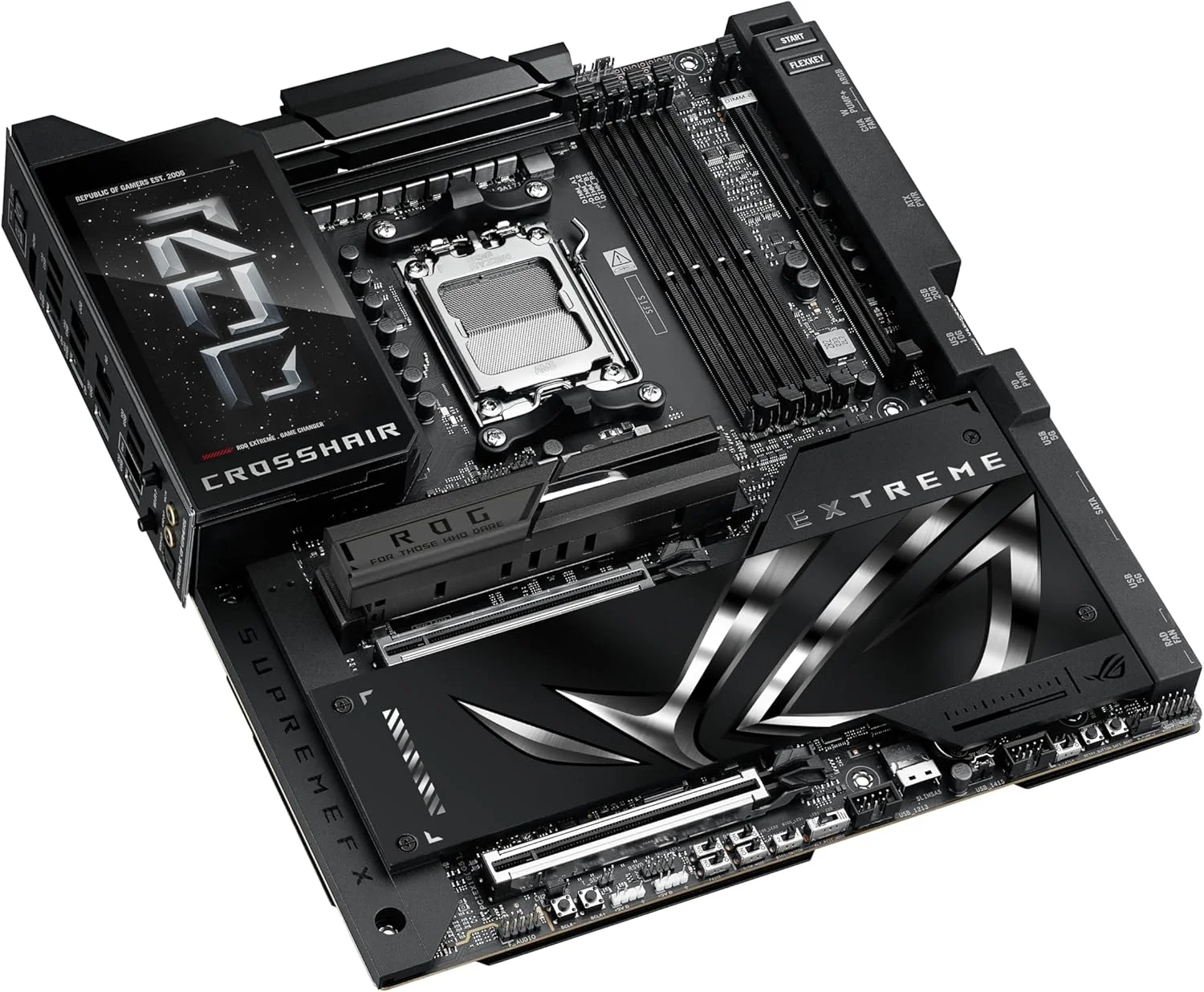 مادربرد گیمینگ ASUS ROG Crosshair X870E Extreme AMD X870E AM5 E-ATX - دارای 20+2+2 فاز قدرت، DDR5، PCIe 5.0، 5X M.2، LAN 5G & 10G، Wi-Fi 7، USB4 Type-C، LCD 5 اینچی، اورکلاکینگ و شبکه سازی هوش مصنوعی