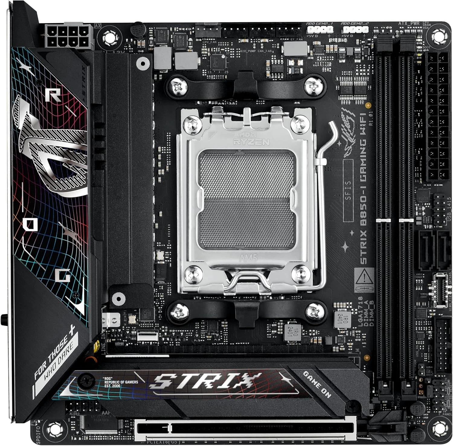 مادربرد ایسوس ROG Strix B850-I Gaming WiFi AMD AM5 B850 Mini-ITX mITX، با 10+2+1 فاز، DDR5، LAN 2.5G، WiFi 7، 2X M.2، PCIe® 5.0 x16، USB 20Gbps Type-C®، اورکلاک هوش مصنوعی، شبکه هوش مصنوعی II، Aura Sync