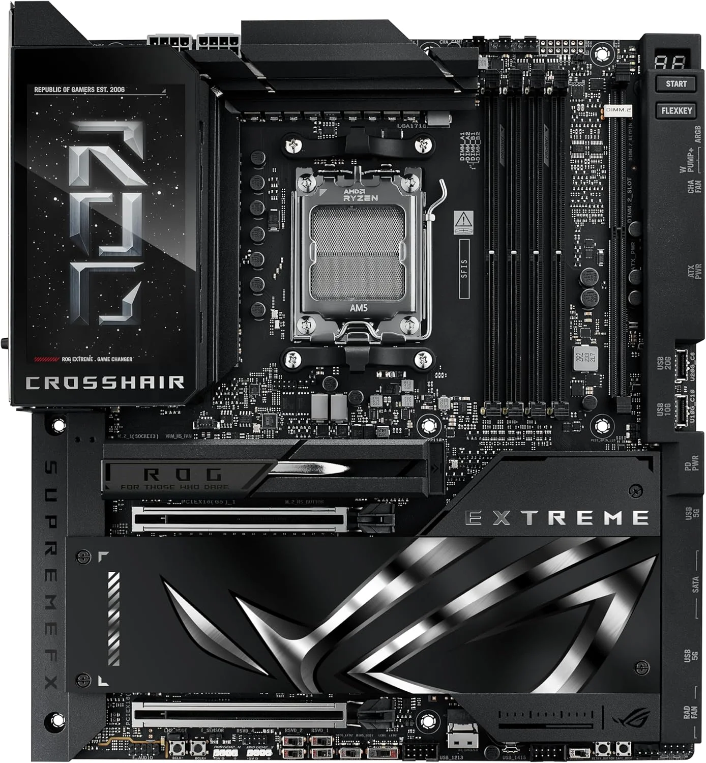 مادربرد گیمینگ ASUS ROG Crosshair X870E Extreme AMD X870E AM5 E-ATX - دارای 20+2+2 فاز قدرت، DDR5، PCIe 5.0، 5X M.2، LAN 5G & 10G، Wi-Fi 7، USB4 Type-C، LCD 5 اینچی، اورکلاکینگ و شبکه سازی هوش مصنوعی