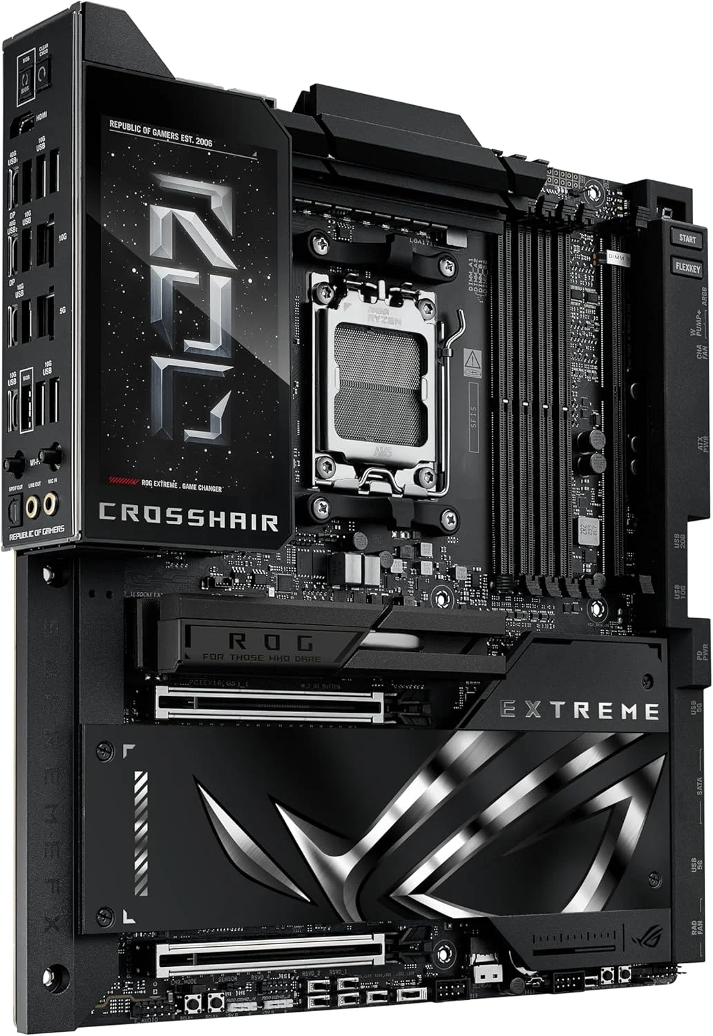 مادربرد گیمینگ ASUS ROG Crosshair X870E Extreme AMD X870E AM5 E-ATX - دارای 20+2+2 فاز قدرت، DDR5، PCIe 5.0، 5X M.2، LAN 5G & 10G، Wi-Fi 7، USB4 Type-C، LCD 5 اینچی، اورکلاکینگ و شبکه سازی هوش مصنوعی