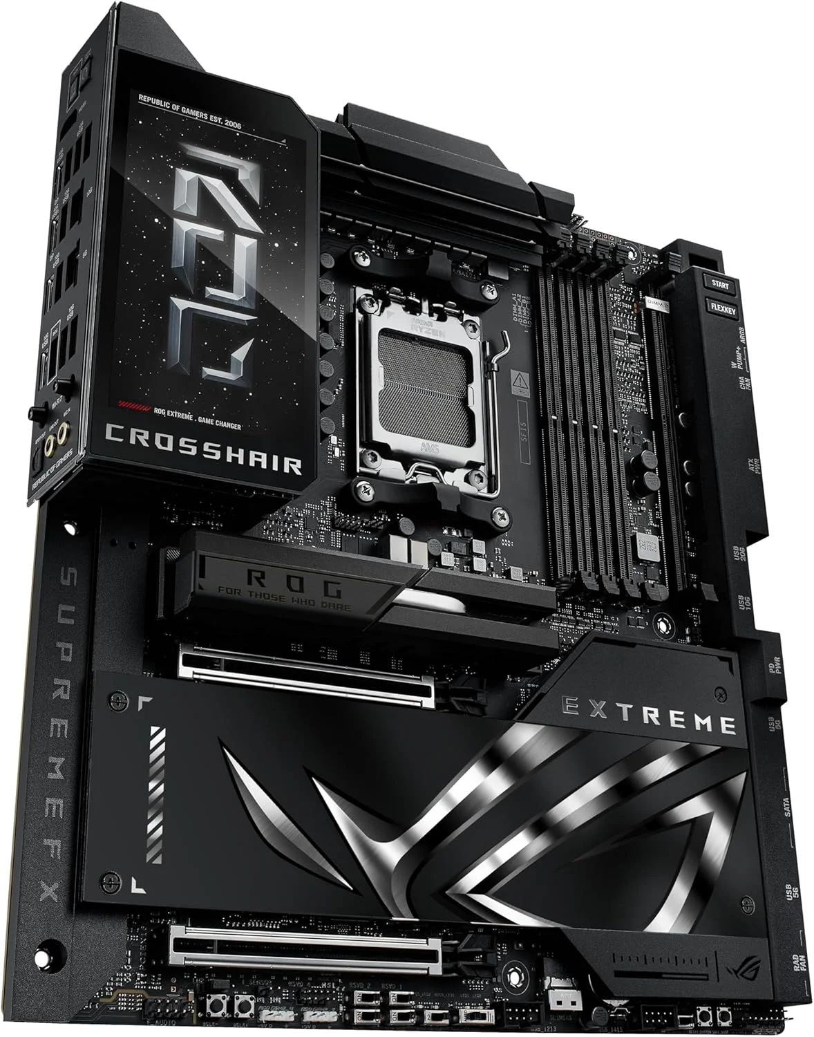 مادربرد گیمینگ ASUS ROG Crosshair X870E Extreme AMD X870E AM5 E-ATX - دارای 20+2+2 فاز قدرت، DDR5، PCIe 5.0، 5X M.2، LAN 5G & 10G، Wi-Fi 7، USB4 Type-C، LCD 5 اینچی، اورکلاکینگ و شبکه سازی هوش مصنوعی