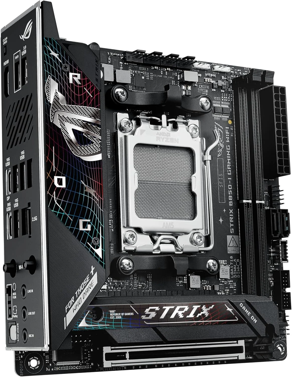 مادربرد ایسوس ROG Strix B850-I Gaming WiFi AMD AM5 B850 Mini-ITX mITX، با 10+2+1 فاز، DDR5، LAN 2.5G، WiFi 7، 2X M.2، PCIe® 5.0 x16، USB 20Gbps Type-C®، اورکلاک هوش مصنوعی، شبکه هوش مصنوعی II، Aura Sync