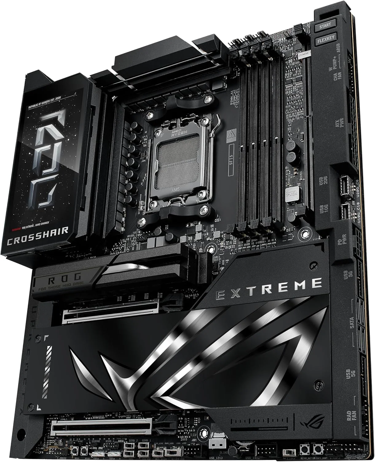 مادربرد گیمینگ ASUS ROG Crosshair X870E Extreme AMD X870E AM5 E-ATX - دارای 20+2+2 فاز قدرت، DDR5، PCIe 5.0، 5X M.2، LAN 5G & 10G، Wi-Fi 7، USB4 Type-C، LCD 5 اینچی، اورکلاکینگ و شبکه سازی هوش مصنوعی