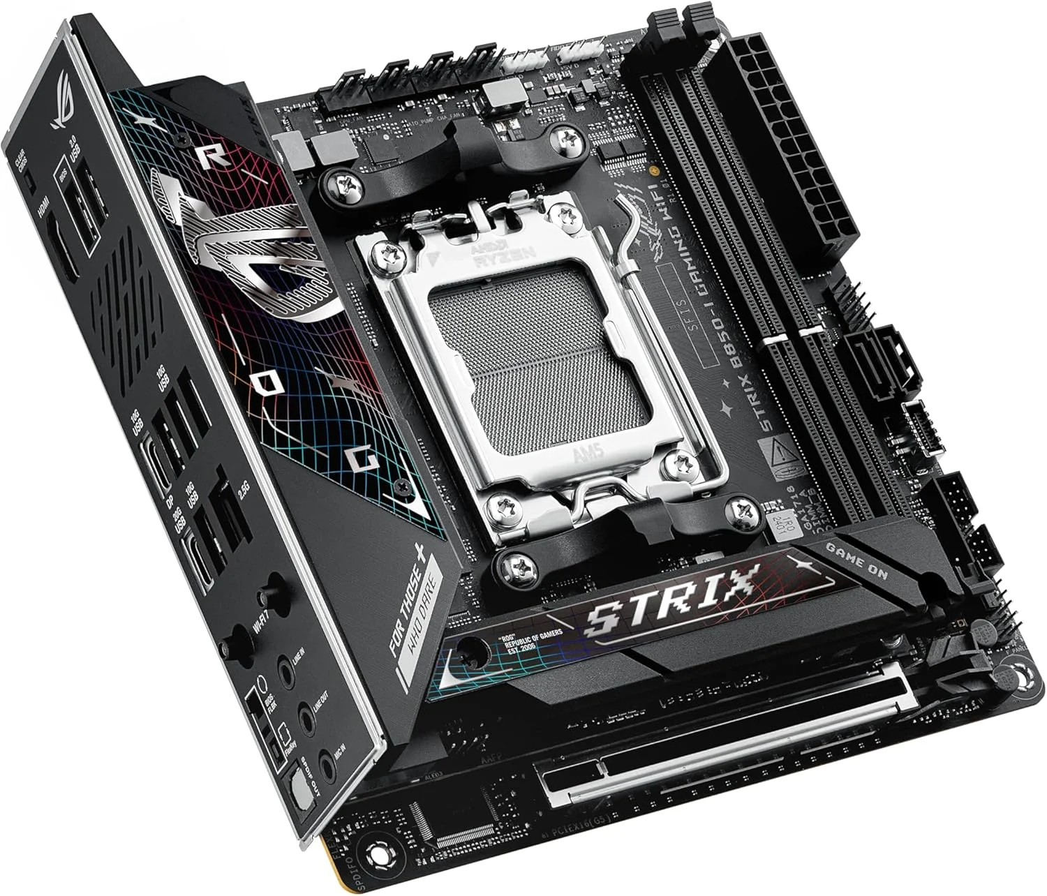 مادربرد ایسوس ROG Strix B850-I Gaming WiFi AMD AM5 B850 Mini-ITX mITX، با 10+2+1 فاز، DDR5، LAN 2.5G، WiFi 7، 2X M.2، PCIe® 5.0 x16، USB 20Gbps Type-C®، اورکلاک هوش مصنوعی، شبکه هوش مصنوعی II، Aura Sync