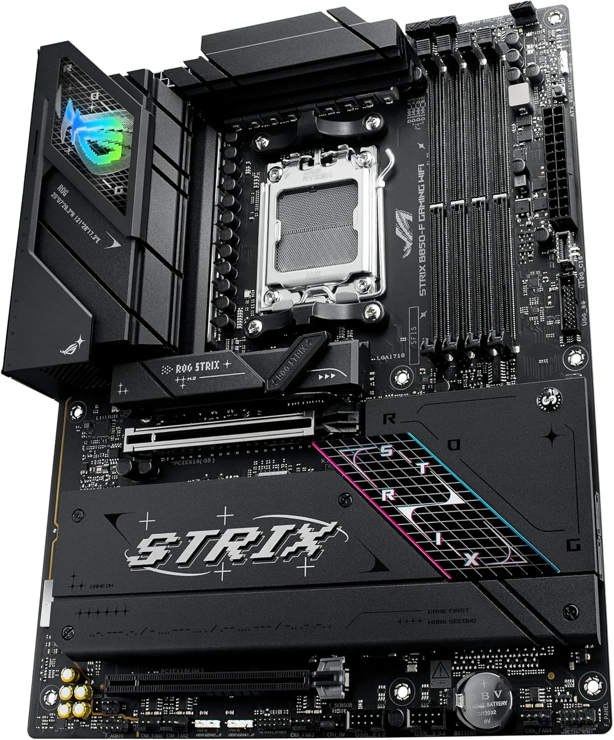 مادربرد ایسوس ROG Strix B850-F Gaming WiFi AMD AM5 B850-F ATX با 16+2+2 فاز قدرت، هوش مصنوعی کامپیوتر، DDR5 AEMP، WiFi 7، 4X M.2، PCIe® 5.0، پشتیبانی کامل از 19 پورت USB، Type-C® 20Gbps، شبکه هوش مصنوعی II، Aura Sync