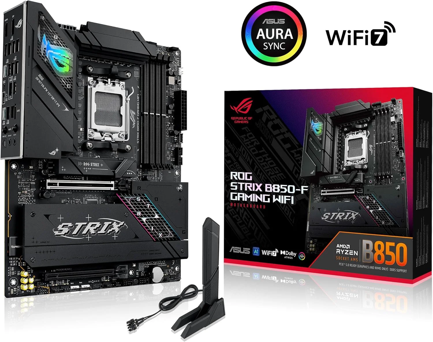 مادربرد ایسوس ROG Strix B850-F Gaming WiFi AMD AM5 B850-F ATX با 16+2+2 فاز قدرت، هوش مصنوعی کامپیوتر، DDR5 AEMP، WiFi 7، 4X M.2، PCIe® 5.0، پشتیبانی کامل از 19 پورت USB، Type-C® 20Gbps، شبکه هوش مصنوعی II، Aura Sync
