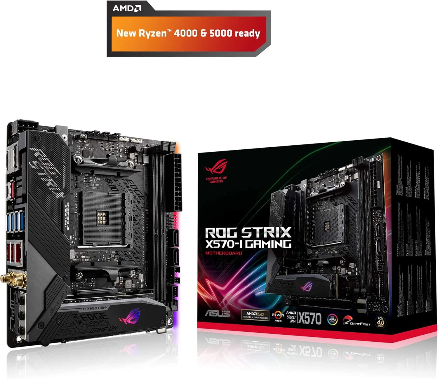 مادربرد گیمینگ ASUS ROG Strix X570-I، مادربرد گیمینگ X570 Mini-ITX، AMD Ryzen 3000 با PCIe 4.0، WiFi 6 (802.11ax)، Intel Gigabit Ethernet، SATA 6Gb/s