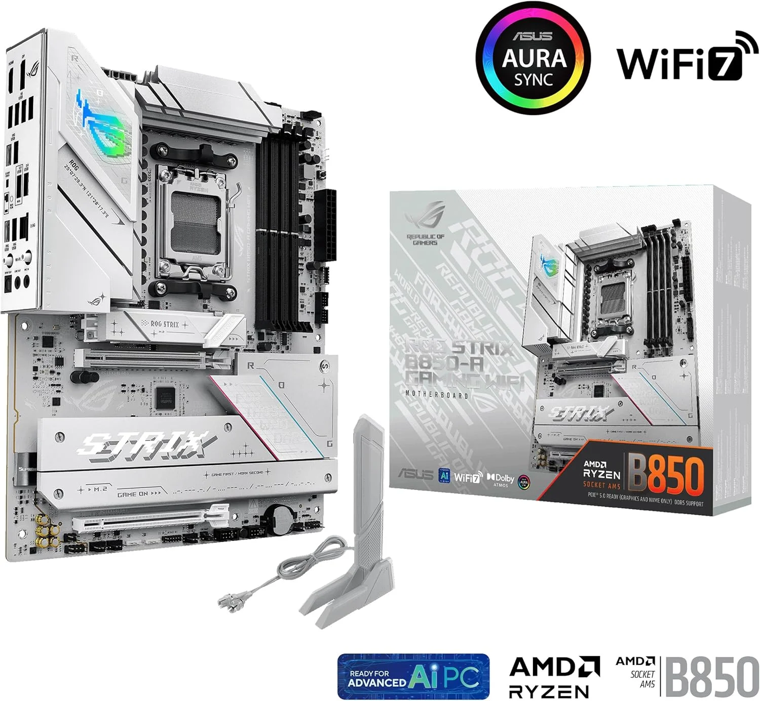 مادربرد گیمینگ ایسوس ROG Strix B850-A Gaming WiFi AMD AM5 B850 ATX با 14+2+2 فاز قدرت، DDR5 AEMP، شبکه 2.5G LAN، وای فای 7 با Q-Antenna، 4X M.2، PCIe® 5.0، USB 20Gbps Type-C، هوش مصنوعی Networking II، مشاور هوش مصنوعی ایسوس