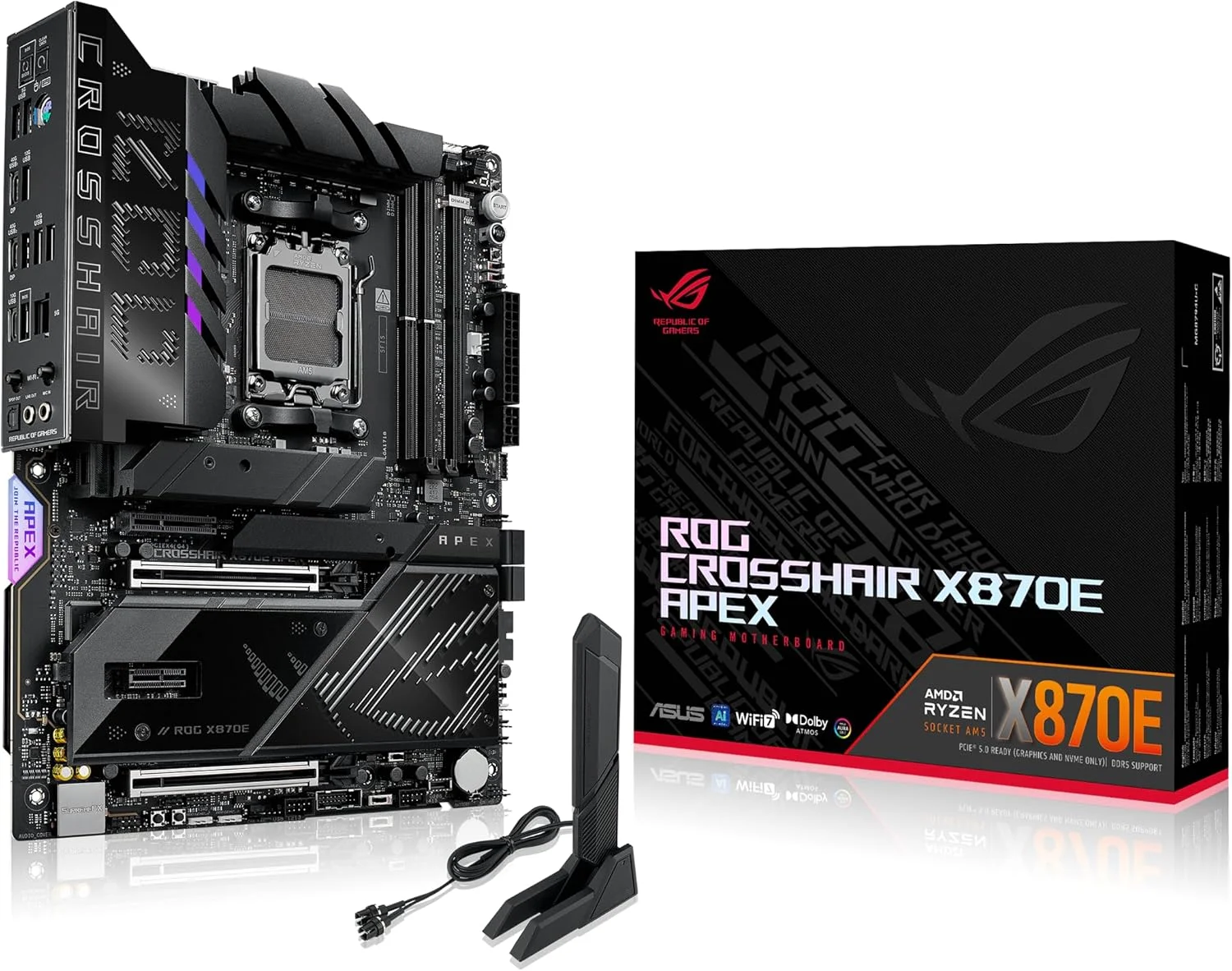مادربرد ایسوس ROG Crosshair X870E APEX AMD X870E AM5 ATX، مجهز به هوش مصنوعی پیشرفته، 18+2+2 فاز، DDR5، فن حافظه ROG، کارت ROG DIMM.2، Wi-Fi 7، شبکه 5G، 3X M.2، PCIe® 5.0، USB4®، USB Type-C®، اورکلاک هوش مصنوعی