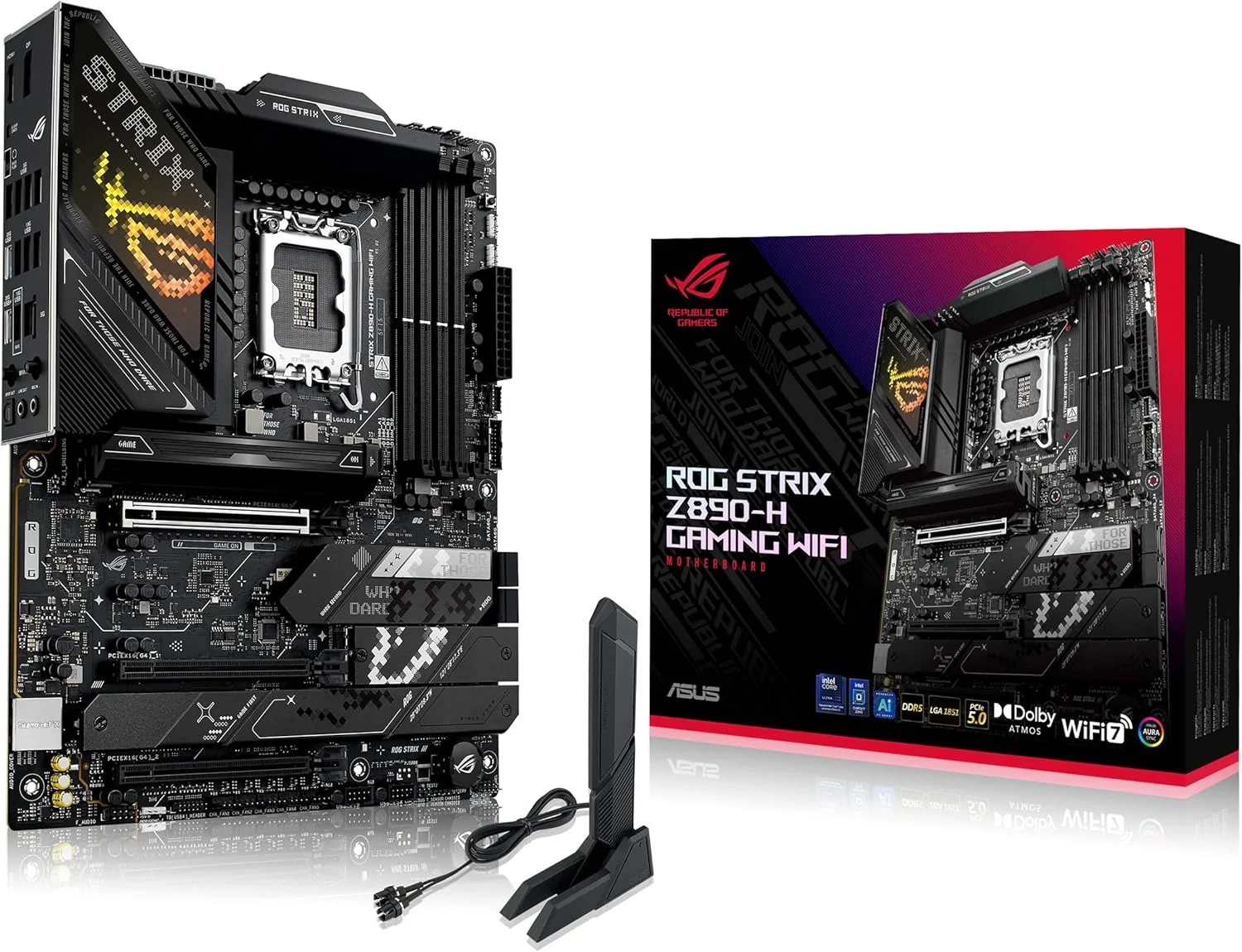 مادربرد ASUS ROG Strix Z890-H Gaming WiFi Z890 LGA 1851 ATX، آماده برای پردازنده های Intel® Core™ Ultra Series 2، دارای هوش مصنوعی پیشرفته، 16+2+1+2 فاز، DDR5، LAN 5Gb، WiFi 7، 4X M.2، PCIe 5.0، USB Type-C®، AI OC