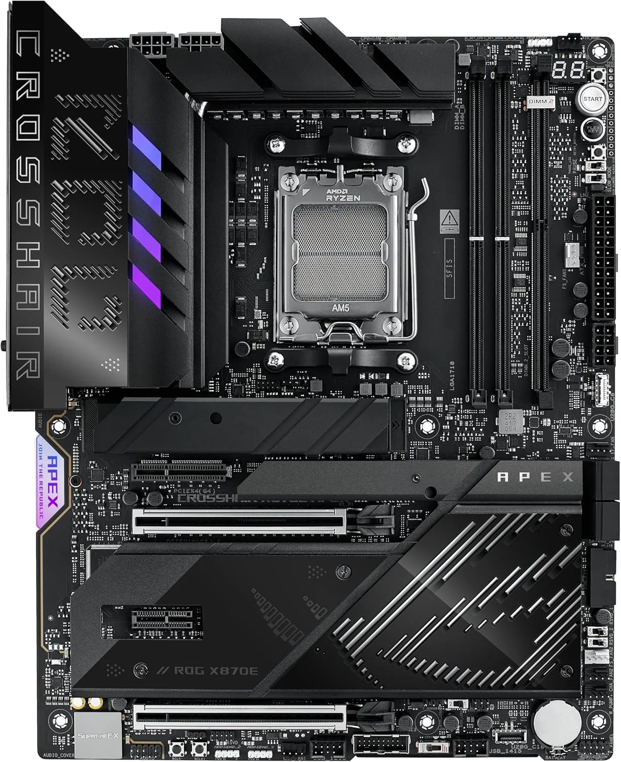 مادربرد ایسوس ROG Crosshair X870E APEX AMD X870E AM5 ATX، مجهز به هوش مصنوعی پیشرفته، 18+2+2 فاز، DDR5، فن حافظه ROG، کارت ROG DIMM.2، Wi-Fi 7، شبکه 5G، 3X M.2، PCIe® 5.0، USB4®، USB Type-C®، اورکلاک هوش مصنوعی