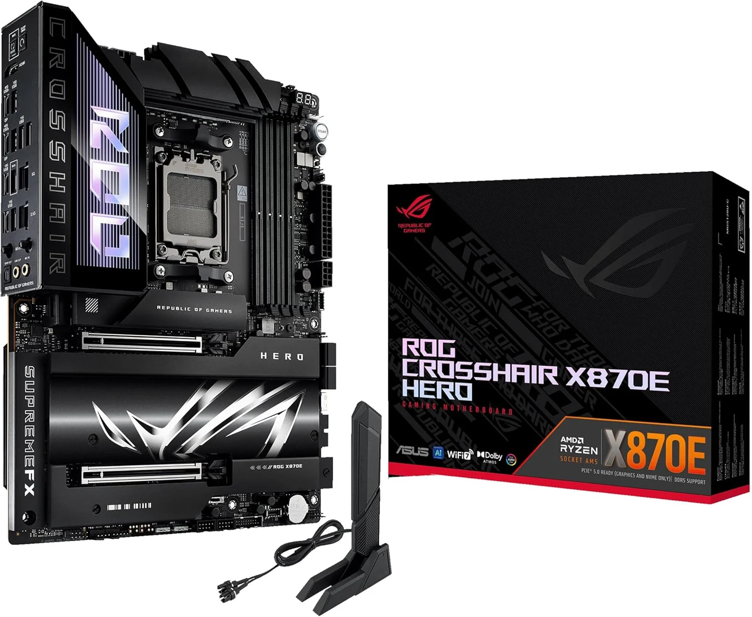 مادربرد ASUS ROG Crosshair X870E Hero AMD X870E AM5 ATX، آماده برای رایانه شخصی هوش مصنوعی پیشرفته، 18+2+2 مراحل قدرت، DDR5، PCIe® 5.0، 5X M.2، Wi-Fi 7، USB4®، اورکلاک هوش مصنوعی، Core Flex، PCIe Slot Q-Release Slim