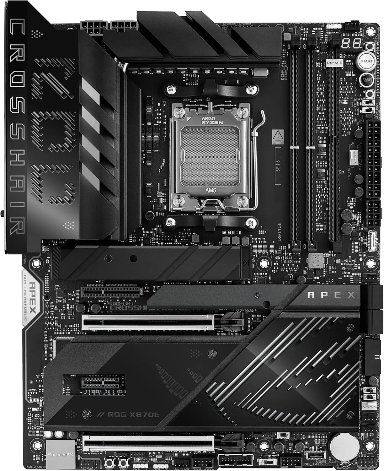 مادربرد ایسوس ROG Crosshair X870E APEX AMD X870E AM5 ATX، مجهز به هوش مصنوعی پیشرفته، 18+2+2 فاز، DDR5، فن حافظه ROG، کارت ROG DIMM.2، Wi-Fi 7، شبکه 5G، 3X M.2، PCIe® 5.0، USB4®، USB Type-C®، اورکلاک هوش مصنوعی