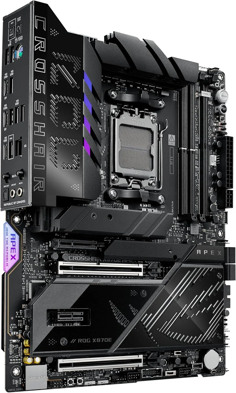 مادربرد ایسوس ROG Crosshair X870E APEX AMD X870E AM5 ATX، مجهز به هوش مصنوعی پیشرفته، 18+2+2 فاز، DDR5، فن حافظه ROG، کارت ROG DIMM.2، Wi-Fi 7، شبکه 5G، 3X M.2، PCIe® 5.0، USB4®، USB Type-C®، اورکلاک هوش مصنوعی