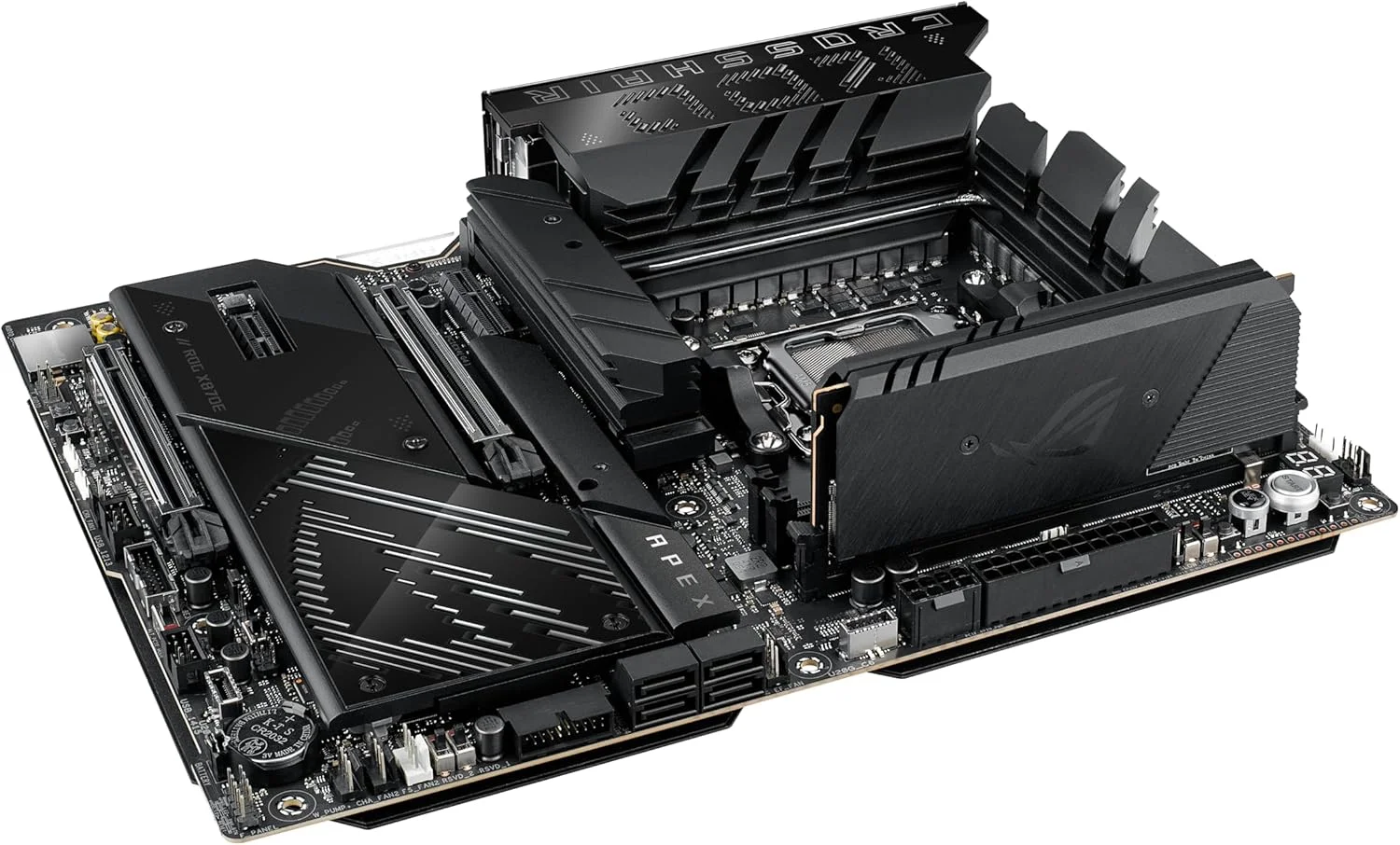 مادربرد ایسوس ROG Crosshair X870E APEX AMD X870E AM5 ATX، مجهز به هوش مصنوعی پیشرفته، 18+2+2 فاز، DDR5، فن حافظه ROG، کارت ROG DIMM.2، Wi-Fi 7، شبکه 5G، 3X M.2، PCIe® 5.0، USB4®، USB Type-C®، اورکلاک هوش مصنوعی