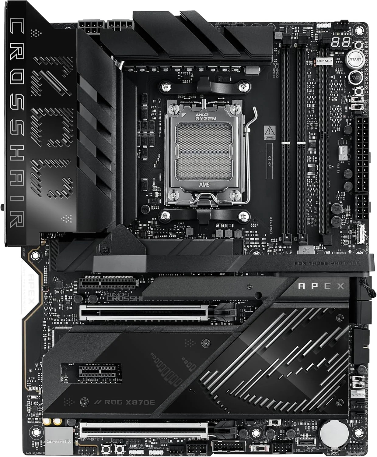 مادربرد ایسوس ROG Crosshair X870E APEX AMD X870E AM5 ATX، مجهز به هوش مصنوعی پیشرفته، 18+2+2 فاز، DDR5، فن حافظه ROG، کارت ROG DIMM.2، Wi-Fi 7، شبکه 5G، 3X M.2، PCIe® 5.0، USB4®، USB Type-C®، اورکلاک هوش مصنوعی