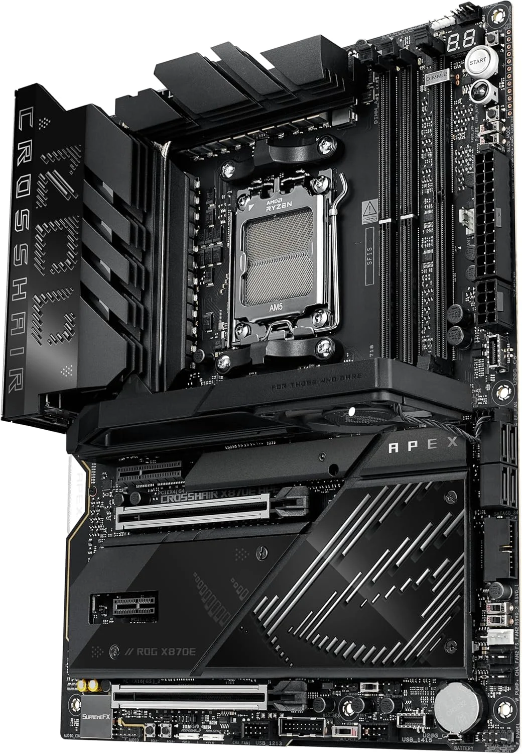 مادربرد ایسوس ROG Crosshair X870E APEX AMD X870E AM5 ATX، مجهز به هوش مصنوعی پیشرفته، 18+2+2 فاز، DDR5، فن حافظه ROG، کارت ROG DIMM.2، Wi-Fi 7، شبکه 5G، 3X M.2، PCIe® 5.0، USB4®، USB Type-C®، اورکلاک هوش مصنوعی