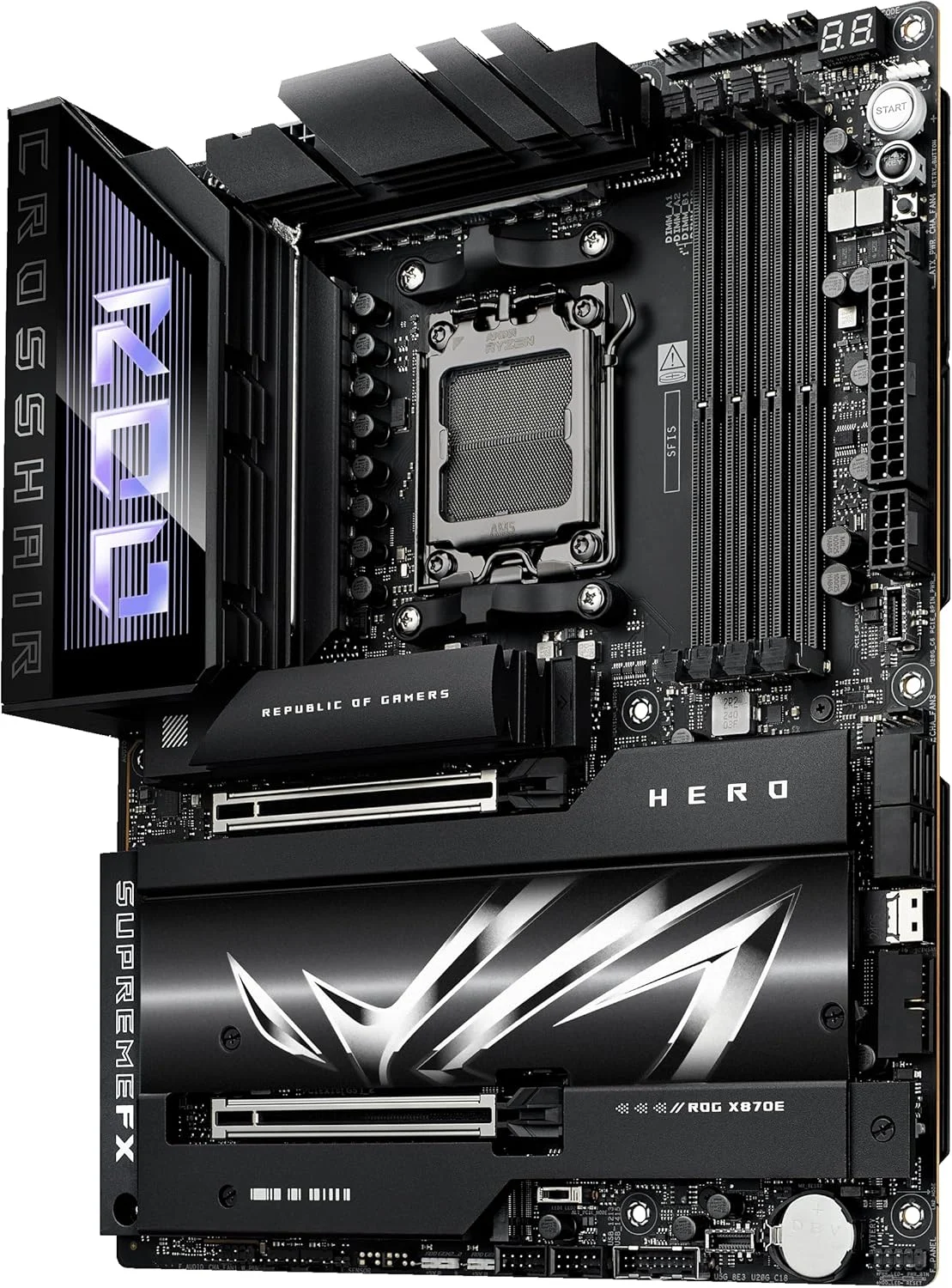مادربرد ASUS ROG Crosshair X870E Hero AMD X870E AM5 ATX، آماده برای رایانه شخصی هوش مصنوعی پیشرفته، 18+2+2 مراحل قدرت، DDR5، PCIe® 5.0، 5X M.2، Wi-Fi 7، USB4®، اورکلاک هوش مصنوعی، Core Flex، PCIe Slot Q-Release Slim