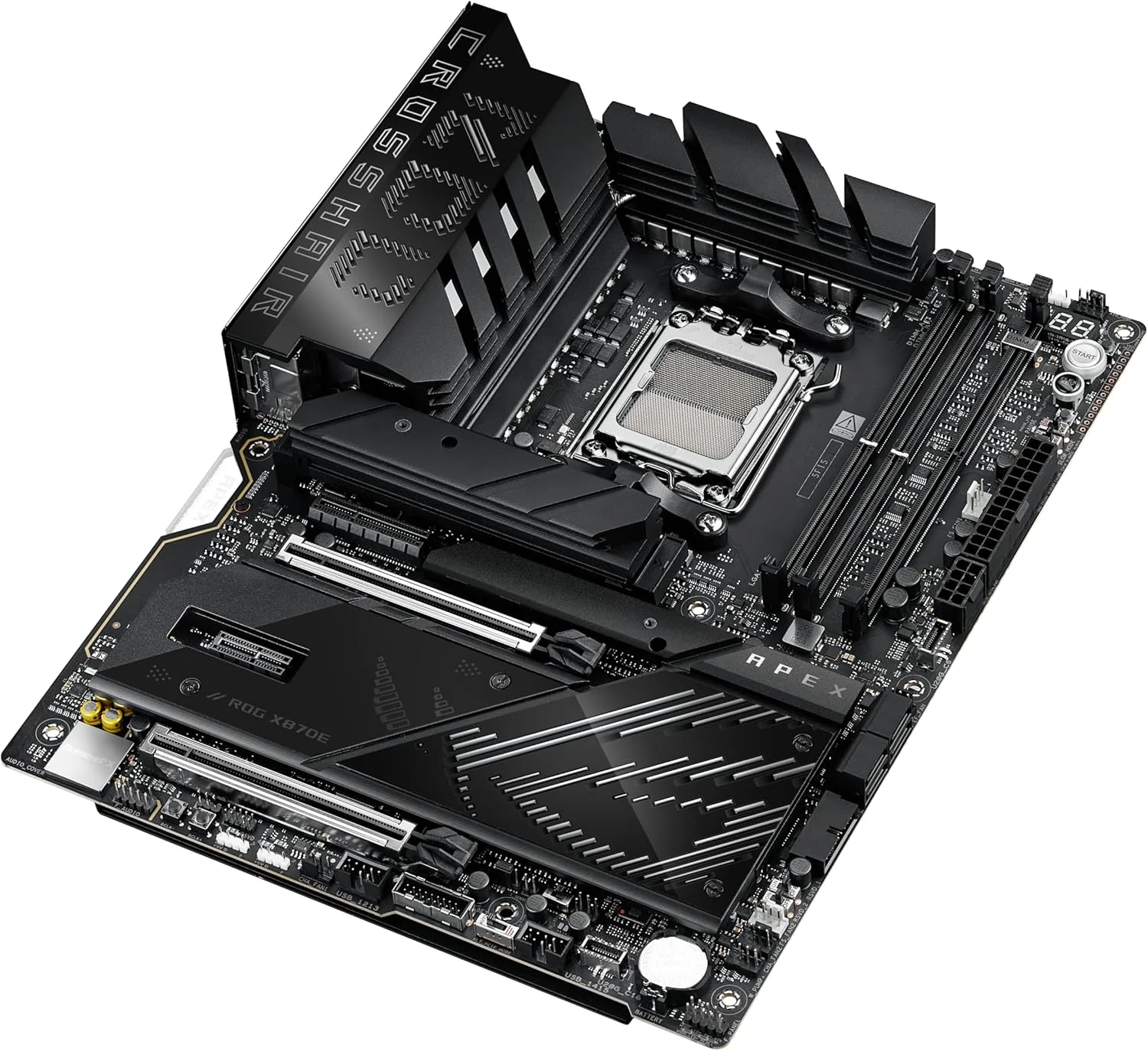 مادربرد ایسوس ROG Crosshair X870E APEX AMD X870E AM5 ATX، مجهز به هوش مصنوعی پیشرفته، 18+2+2 فاز، DDR5، فن حافظه ROG، کارت ROG DIMM.2، Wi-Fi 7، شبکه 5G، 3X M.2، PCIe® 5.0، USB4®، USB Type-C®، اورکلاک هوش مصنوعی