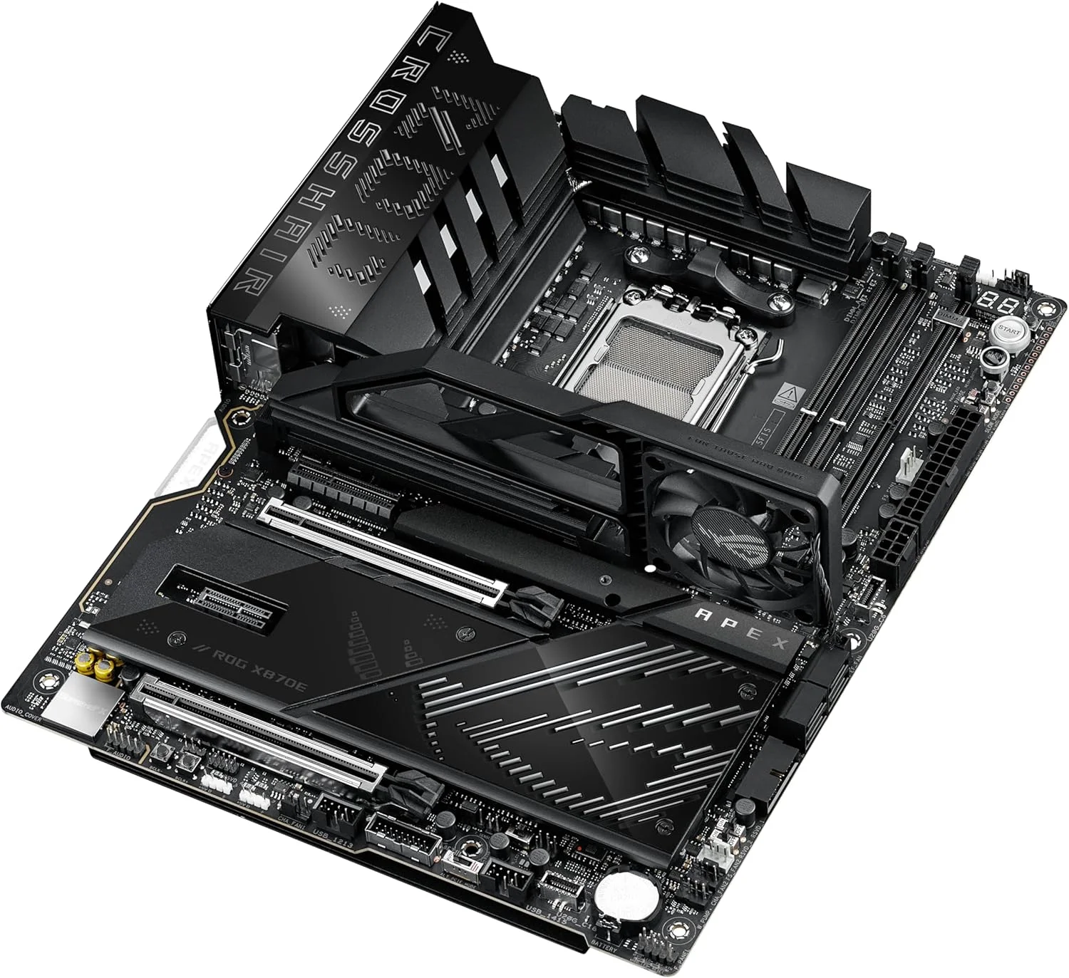 مادربرد ایسوس ROG Crosshair X870E APEX AMD X870E AM5 ATX، مجهز به هوش مصنوعی پیشرفته، 18+2+2 فاز، DDR5، فن حافظه ROG، کارت ROG DIMM.2، Wi-Fi 7، شبکه 5G، 3X M.2، PCIe® 5.0، USB4®، USB Type-C®، اورکلاک هوش مصنوعی