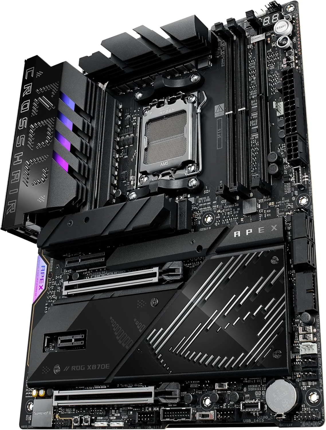 مادربرد ایسوس ROG Crosshair X870E APEX AMD X870E AM5 ATX، مجهز به هوش مصنوعی پیشرفته، 18+2+2 فاز، DDR5، فن حافظه ROG، کارت ROG DIMM.2، Wi-Fi 7، شبکه 5G، 3X M.2، PCIe® 5.0، USB4®، USB Type-C®، اورکلاک هوش مصنوعی
