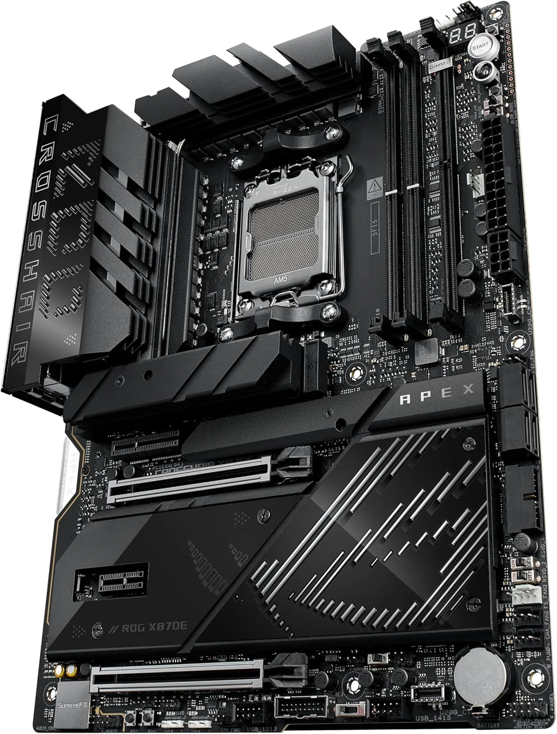 مادربرد ایسوس ROG Crosshair X870E APEX AMD X870E AM5 ATX، آماده برای رایانه شخصی هوش مصنوعی پیشرفته، 18+2+2 مرحله، DDR5، فن حافظه ROG، کارت ROG DIMM.2، Wi-Fi 7، LAN 5G، 3X M.2، PCIe® 5.0، USB4®، USB Type-C®، AI OC