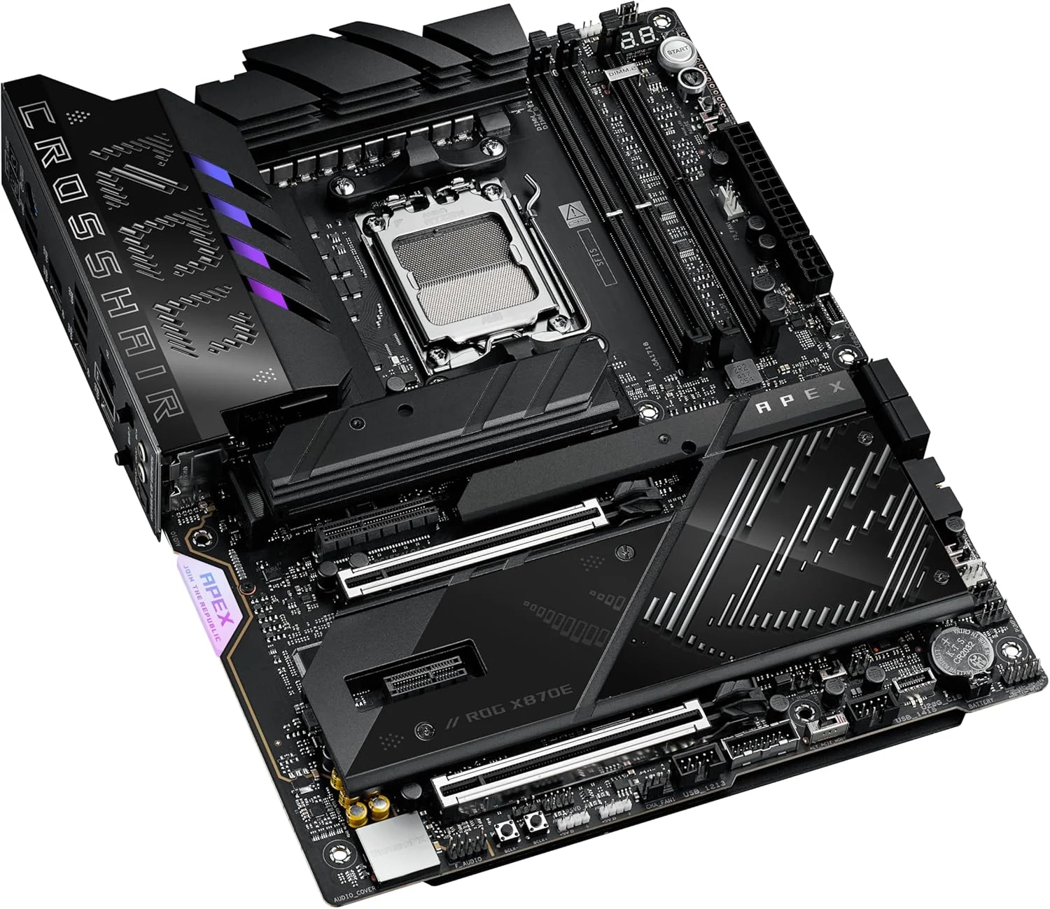 مادربرد ایسوس ROG Crosshair X870E APEX AMD X870E AM5 ATX، مجهز به هوش مصنوعی پیشرفته، 18+2+2 فاز، DDR5، فن حافظه ROG، کارت ROG DIMM.2، Wi-Fi 7، شبکه 5G، 3X M.2، PCIe® 5.0، USB4®، USB Type-C®، اورکلاک هوش مصنوعی