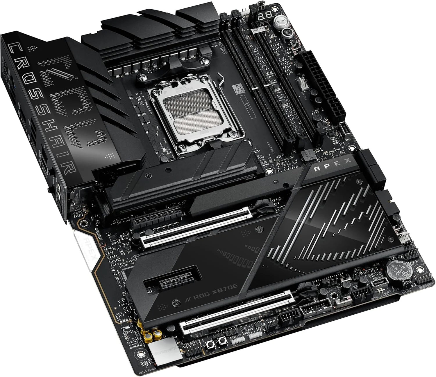 مادربرد ایسوس ROG Crosshair X870E APEX AMD X870E AM5 ATX، مجهز به هوش مصنوعی پیشرفته، 18+2+2 فاز، DDR5، فن حافظه ROG، کارت ROG DIMM.2، Wi-Fi 7، شبکه 5G، 3X M.2، PCIe® 5.0، USB4®، USB Type-C®، اورکلاک هوش مصنوعی