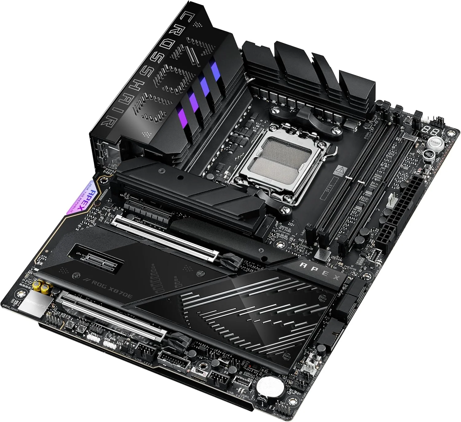 مادربرد ایسوس ROG Crosshair X870E APEX AMD X870E AM5 ATX، مجهز به هوش مصنوعی پیشرفته، 18+2+2 فاز، DDR5، فن حافظه ROG، کارت ROG DIMM.2، Wi-Fi 7، شبکه 5G، 3X M.2، PCIe® 5.0، USB4®، USB Type-C®، اورکلاک هوش مصنوعی
