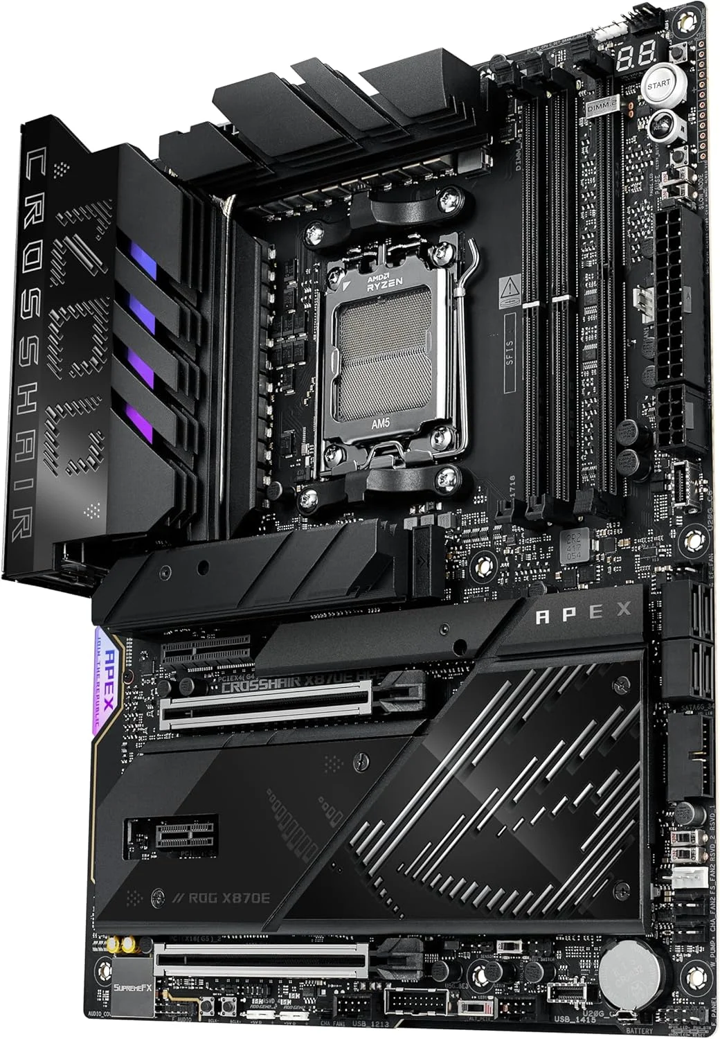 مادربرد ایسوس ROG Crosshair X870E APEX AMD X870E AM5 ATX، مجهز به هوش مصنوعی پیشرفته، 18+2+2 فاز، DDR5، فن حافظه ROG، کارت ROG DIMM.2، Wi-Fi 7، شبکه 5G، 3X M.2، PCIe® 5.0، USB4®، USB Type-C®، اورکلاک هوش مصنوعی