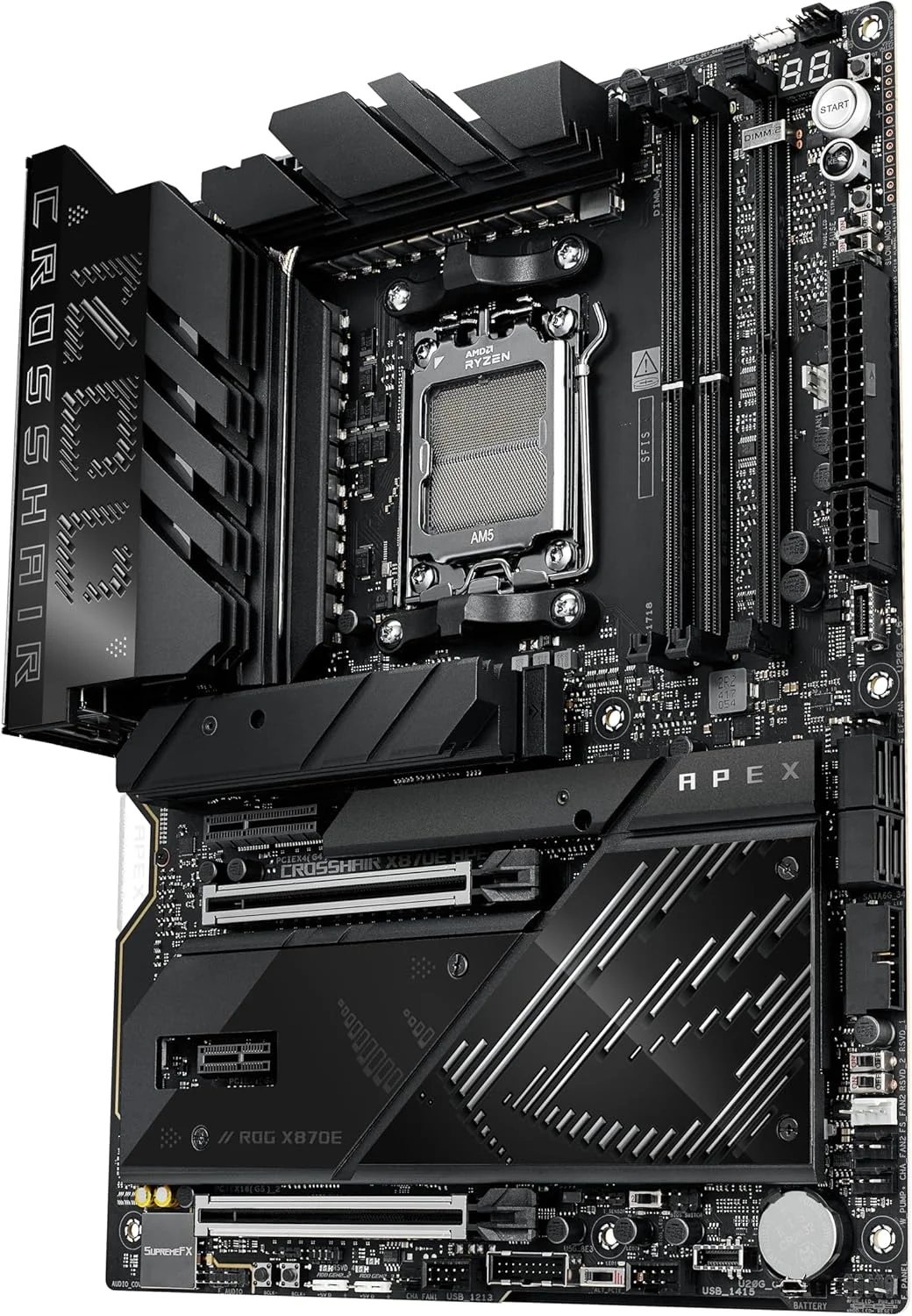 مادربرد ایسوس ROG Crosshair X870E APEX AMD X870E AM5 ATX، مجهز به هوش مصنوعی پیشرفته، 18+2+2 فاز، DDR5، فن حافظه ROG، کارت ROG DIMM.2، Wi-Fi 7، شبکه 5G، 3X M.2، PCIe® 5.0، USB4®، USB Type-C®، اورکلاک هوش مصنوعی