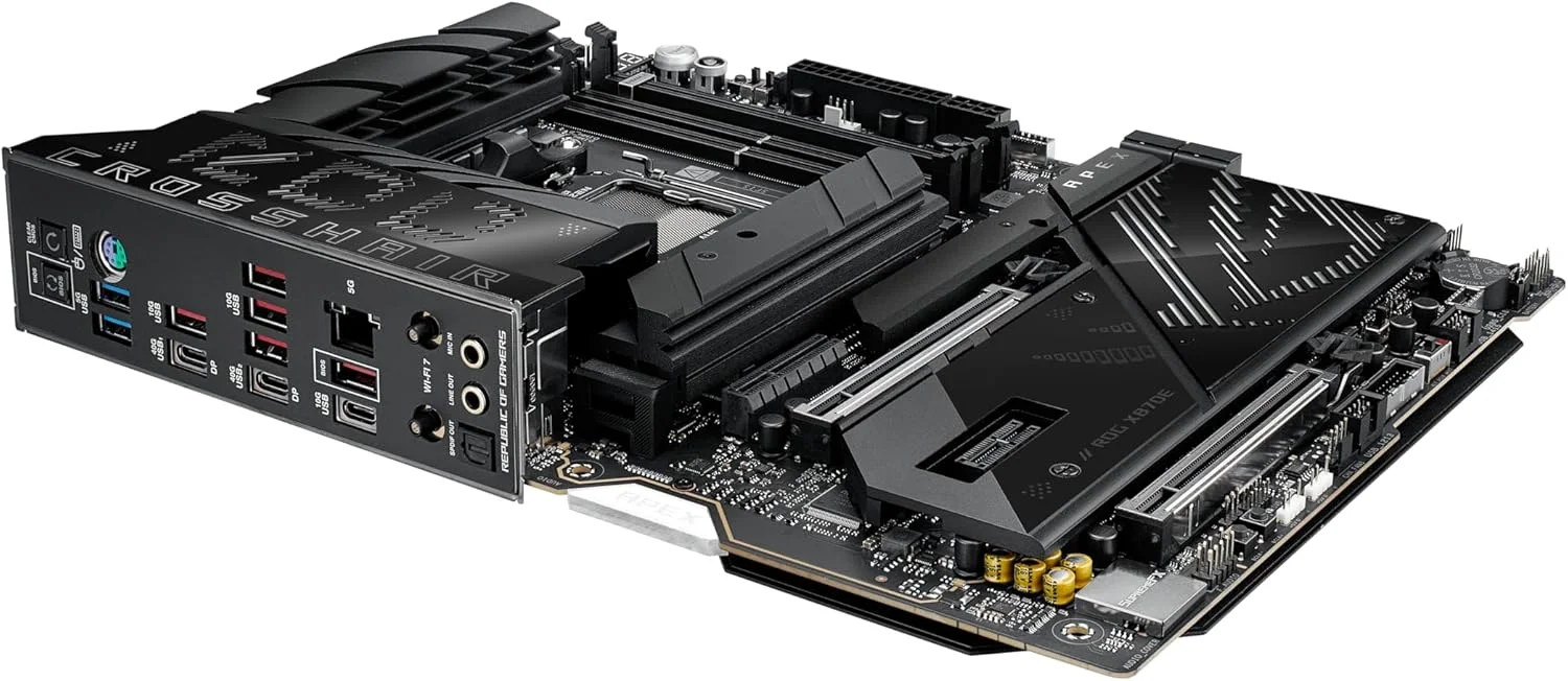 مادربرد ایسوس ROG Crosshair X870E APEX AMD X870E AM5 ATX، مجهز به هوش مصنوعی پیشرفته، 18+2+2 فاز، DDR5، فن حافظه ROG، کارت ROG DIMM.2، Wi-Fi 7، شبکه 5G، 3X M.2، PCIe® 5.0، USB4®، USB Type-C®، اورکلاک هوش مصنوعی