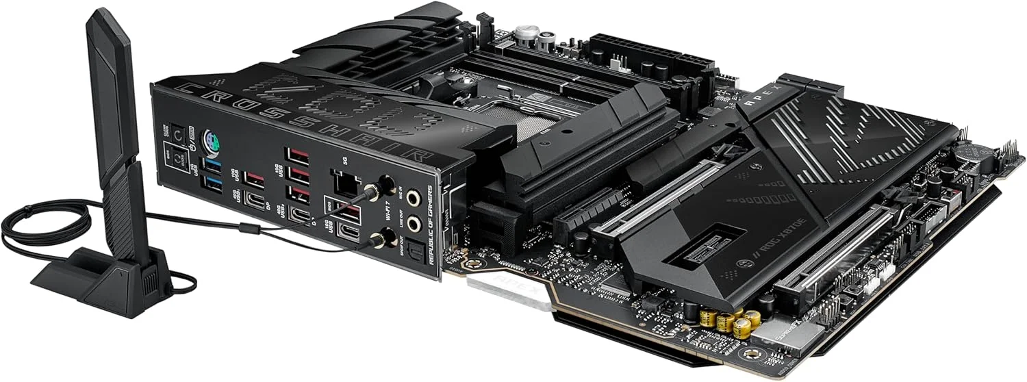 مادربرد ایسوس ROG Crosshair X870E APEX AMD X870E AM5 ATX، مجهز به هوش مصنوعی پیشرفته، 18+2+2 فاز، DDR5، فن حافظه ROG، کارت ROG DIMM.2، Wi-Fi 7، شبکه 5G، 3X M.2، PCIe® 5.0، USB4®، USB Type-C®، اورکلاک هوش مصنوعی