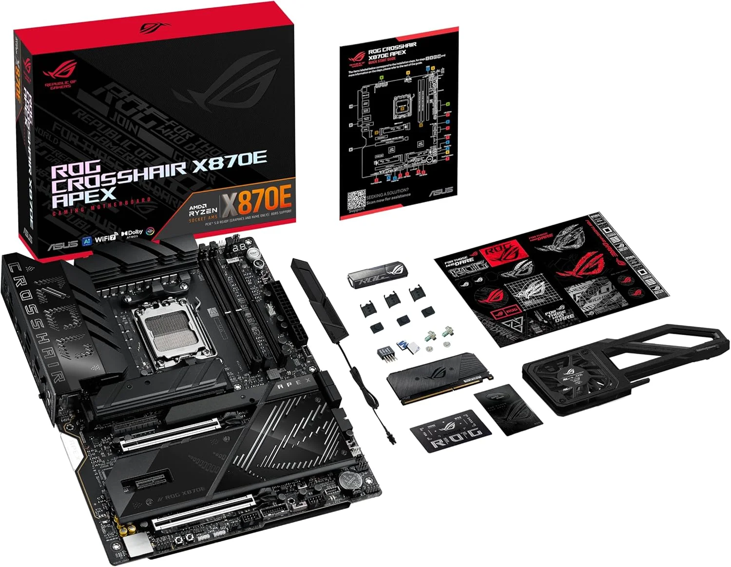 مادربرد ایسوس ROG Crosshair X870E APEX AMD X870E AM5 ATX، مجهز به هوش مصنوعی پیشرفته، 18+2+2 فاز، DDR5، فن حافظه ROG، کارت ROG DIMM.2، Wi-Fi 7، شبکه 5G، 3X M.2، PCIe® 5.0، USB4®، USB Type-C®، اورکلاک هوش مصنوعی