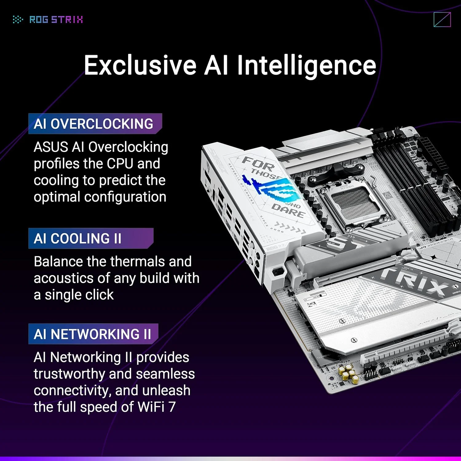 مادربرد ASUS ROG STRIX X870-A GAMING WIFI ATX: سوکت AM5، 4 اسلات DIMM DDR5، 4 x M.2، اترنت 2.5 گیگابیتی، Wi-Fi 7، 12 پورت USB پشتی، 9 پورت USB جلویی، Aura Sync - سفید