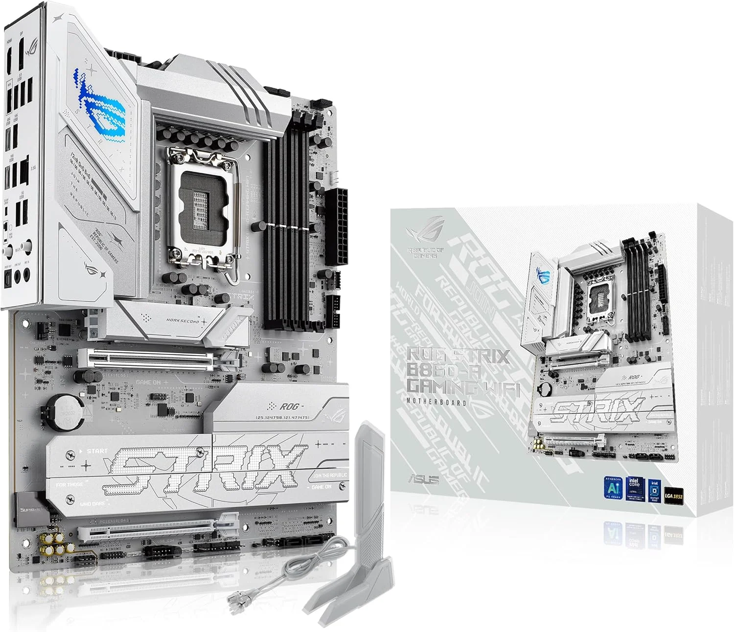 مادربرد ایسوس ROG STRIX B860-A GAMING WIFI: اینتل LGA 1851، 1 عدد PCIe 5.0 x16 SafeSlot، 1 عدد PCIe 4.0 x16 Slot، 4 عدد DIMM DDR5 9066+ MT/s، 4 عدد اسلات M.2، Ez PC DIY - سفید