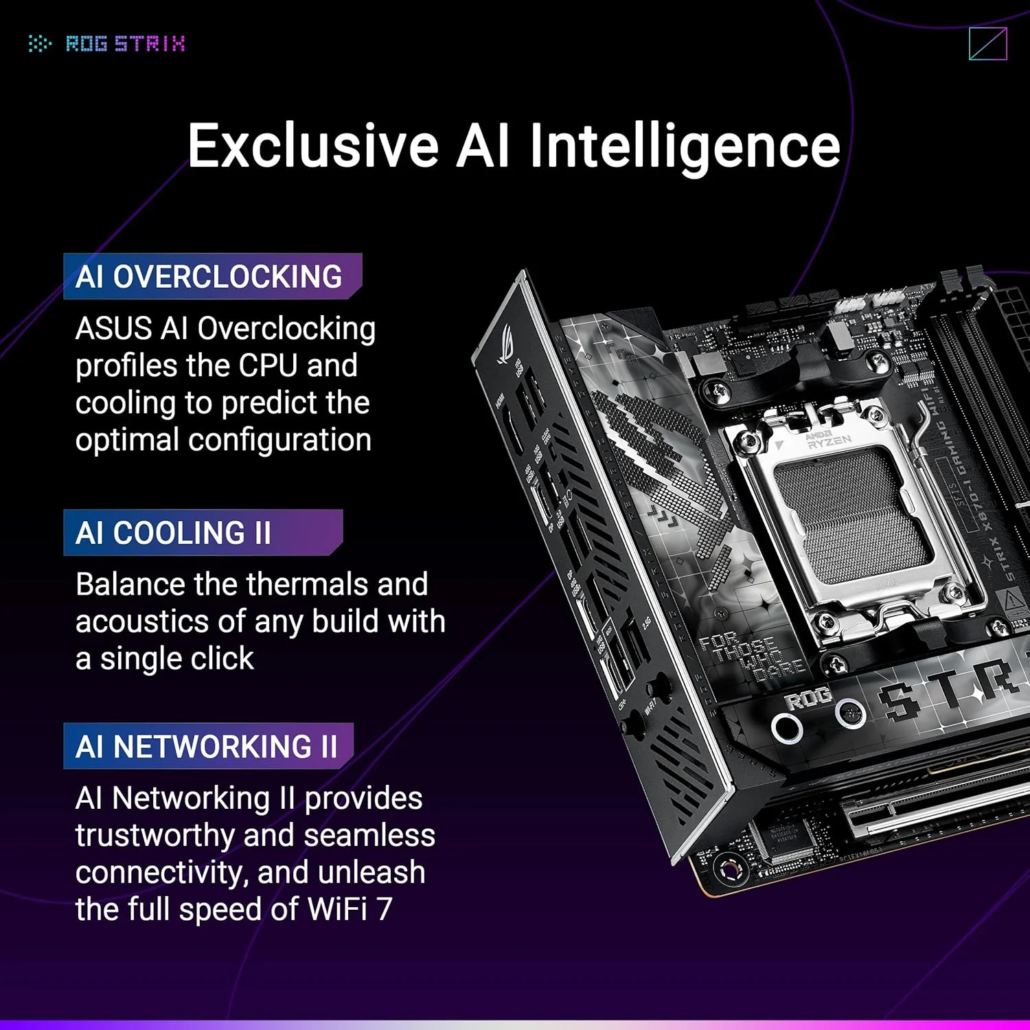 مادربرد ایسوس ROG STRIX X870-I GAMING WIFI AMD AM5 X870 Mini ITX با فازهای قدرت 10+2+1، Dynamic OC Switcher، Core Flex، DDR5 AEMP، WiFi7، 2x M.2، PCIe®5.0، Q-Release Slim، USB4، AI OCing &