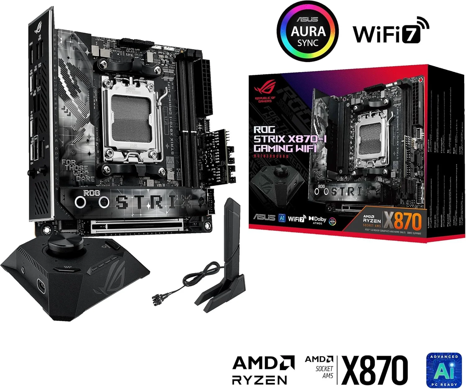 مادربرد ایسوس ROG STRIX X870-I GAMING WIFI AMD AM5 X870 Mini ITX با فازهای قدرت 10+2+1، Dynamic OC Switcher، Core Flex، DDR5 AEMP، WiFi7، 2x M.2، PCIe®5.0، Q-Release Slim، USB4، AI OCing &