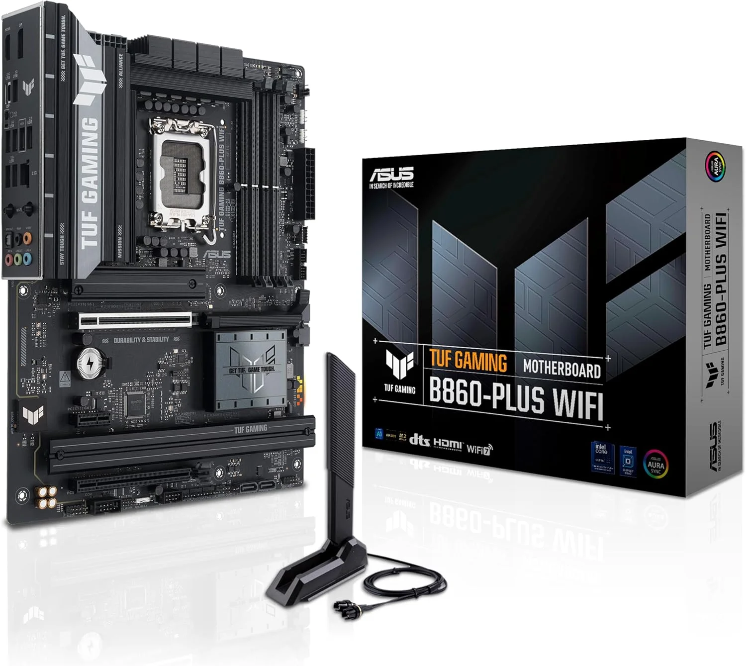 مادربرد ایسوس TUF Gaming B860-PLUS WiFi B860 LGA 1851 ATX، آماده برای پردازنده‌های Intel® Core™ Ultra Series 2، مجهز به هوش مصنوعی پیشرفته، دارای 12+1+2+1 فاز، DDR5، PCIe 5.0، 3X M.2، Wi-Fi 7، LAN 2.5Gb، USB 20Gbps Type-C®