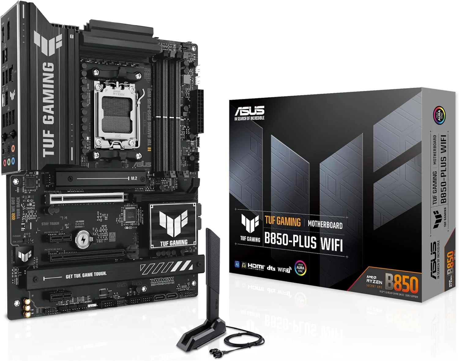 مادربرد ASUS TUF Gaming B850-PLUS WiFi AMD AM5 B850 ATX، دارای 14+2+1 فاز 80A، آماده هوش مصنوعی، DDR5، PCIe 5.0، 3X M.2، Wi-Fi 7، LAN 2.5Gb، DisplayPort، HDMI™، USB 10Gbps & 20Gbps Type-C®، BIOS Flashback™