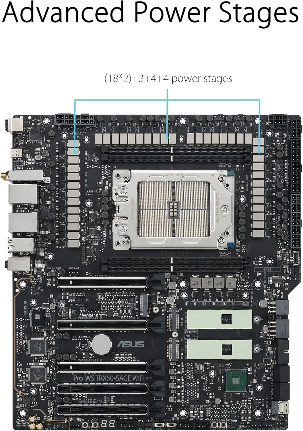 مادربرد ورک استیشن ASUS Pro WS TRX50-SAGE WIFI CEB، AMD Ryzen Threadripper PRO 7000 WX، ECC R-DIMM DDR5، 36 مرحله قدرت، WiFi 7، PCIe 5.0 x 16، PCIe 5.0 M.2، LAN 10 گیگابیتی و 2.5 گیگابیتی، پشتیبانی از چند GPU.