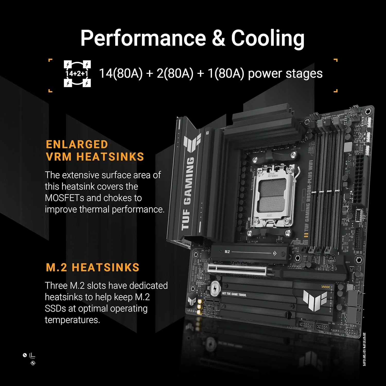 مادربرد ایسوس TUF Gaming B850M-PLUS WiFi AMD AM5 B850 mATX، دارای 14+2+1 فاز DrMOS 80A، DDR5، PCIe 5.0، 3X M.2، Wi-Fi 6E، LAN 2.5Gb، DP، HDMI™، USB 10Gbps و 20Gbps Type-C®، BIOS Flashback™، Aura Sync مادربرد ایسوس TUF Gaming B850M-PLUS WiFi AMD AM5 B850 mATX، دارای 14+2+1 فاز DrMOS 80A، DDR5، PCIe 5.0، 3X M.2، Wi-Fi 6E، LAN 2.5Gb، DP، HDMI™، USB 10Gbps و 20Gbps Type-C®، BIOS Flashback™، Aura Sync