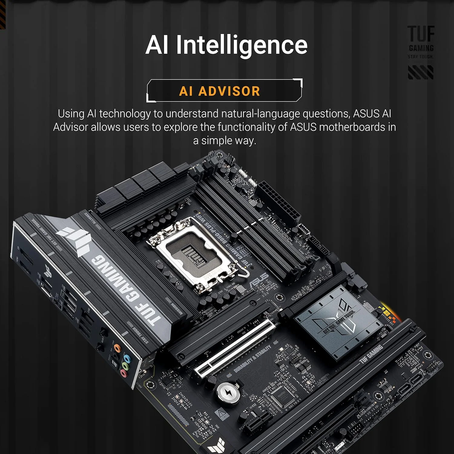مادربرد ایسوس TUF Gaming B860-PLUS WiFi B860 LGA 1851 ATX، آماده برای پردازنده‌های Intel® Core™ Ultra Series 2، مجهز به هوش مصنوعی پیشرفته، دارای 12+1+2+1 فاز، DDR5، PCIe 5.0، 3X M.2، Wi-Fi 7، LAN 2.5Gb، USB 20Gbps Type-C®