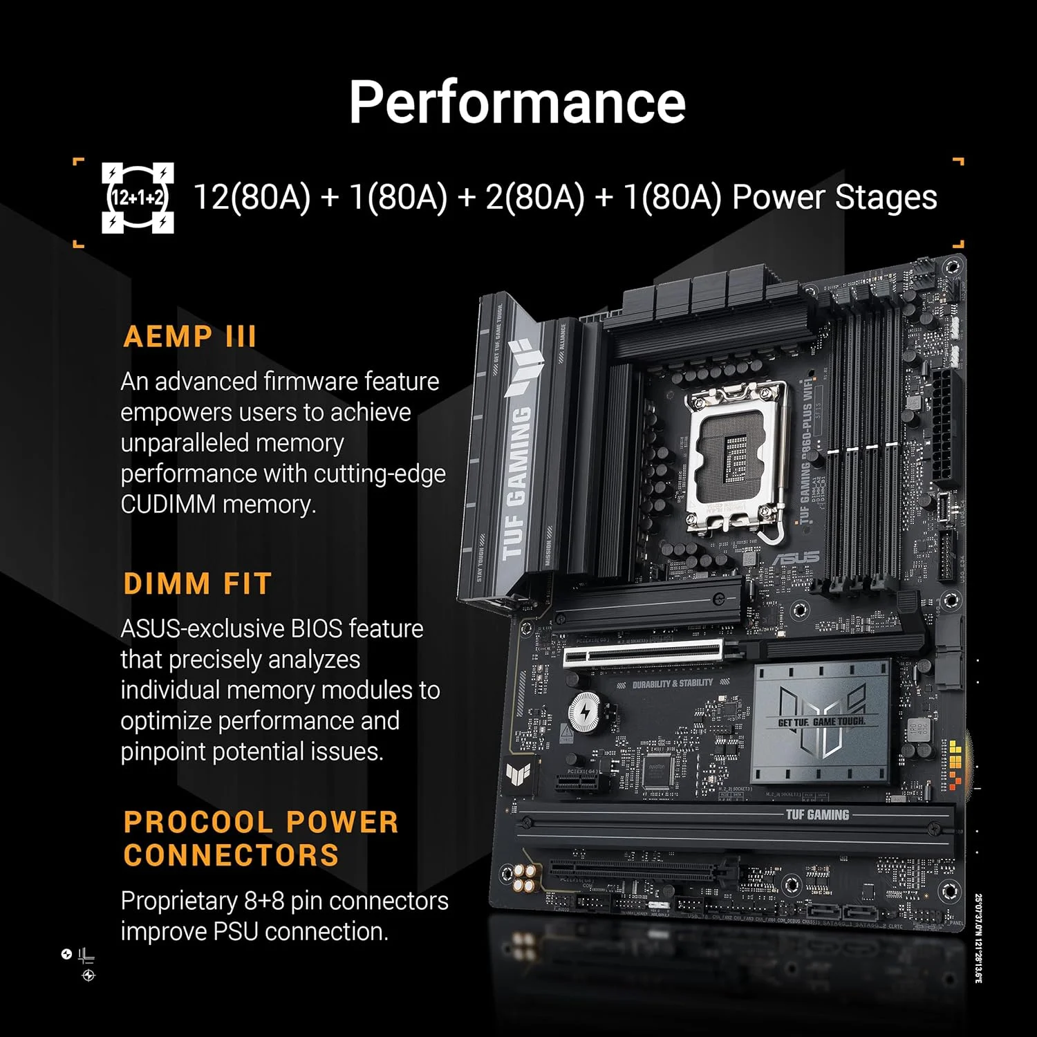 مادربرد ایسوس TUF Gaming B860-PLUS WiFi B860 LGA 1851 ATX، آماده برای پردازنده‌های Intel® Core™ Ultra Series 2، مجهز به هوش مصنوعی پیشرفته، دارای 12+1+2+1 فاز، DDR5، PCIe 5.0، 3X M.2، Wi-Fi 7، LAN 2.5Gb، USB 20Gbps Type-C®