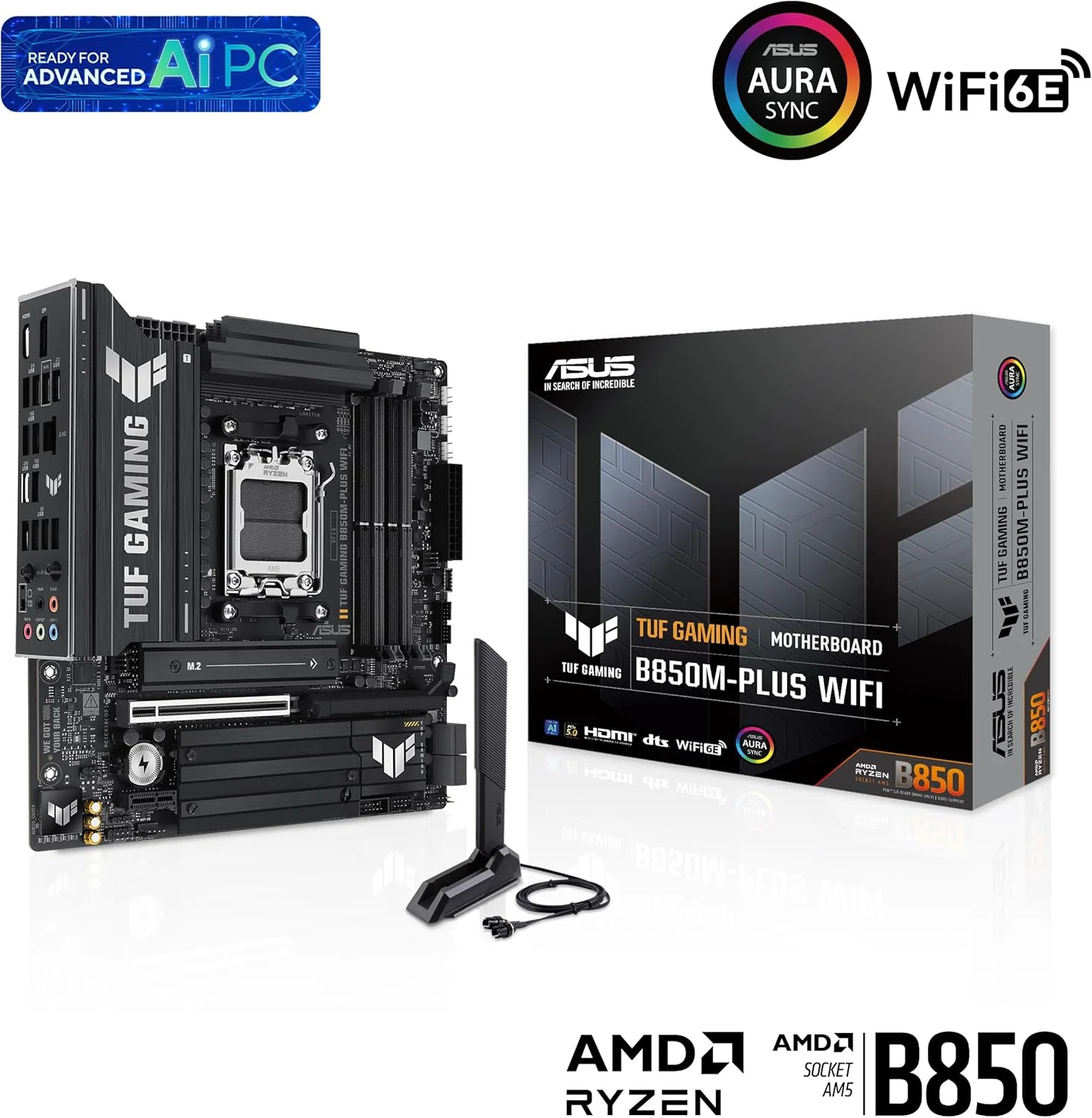 مادربرد ایسوس TUF Gaming B850M-PLUS WiFi AMD AM5 B850 mATX، دارای 14+2+1 فاز DrMOS 80A، DDR5، PCIe 5.0، 3X M.2، Wi-Fi 6E، LAN 2.5Gb، DP، HDMI™، USB 10Gbps و 20Gbps Type-C®، BIOS Flashback™، Aura Sync مادربرد ایسوس TUF Gaming B850M-PLUS WiFi AMD AM5 B850 mATX، دارای 14+2+1 فاز DrMOS 80A، DDR5، PCIe 5.0، 3X M.2، Wi-Fi 6E، LAN 2.5Gb، DP، HDMI™، USB 10Gbps و 20Gbps Type-C®، BIOS Flashback™، Aura Sync