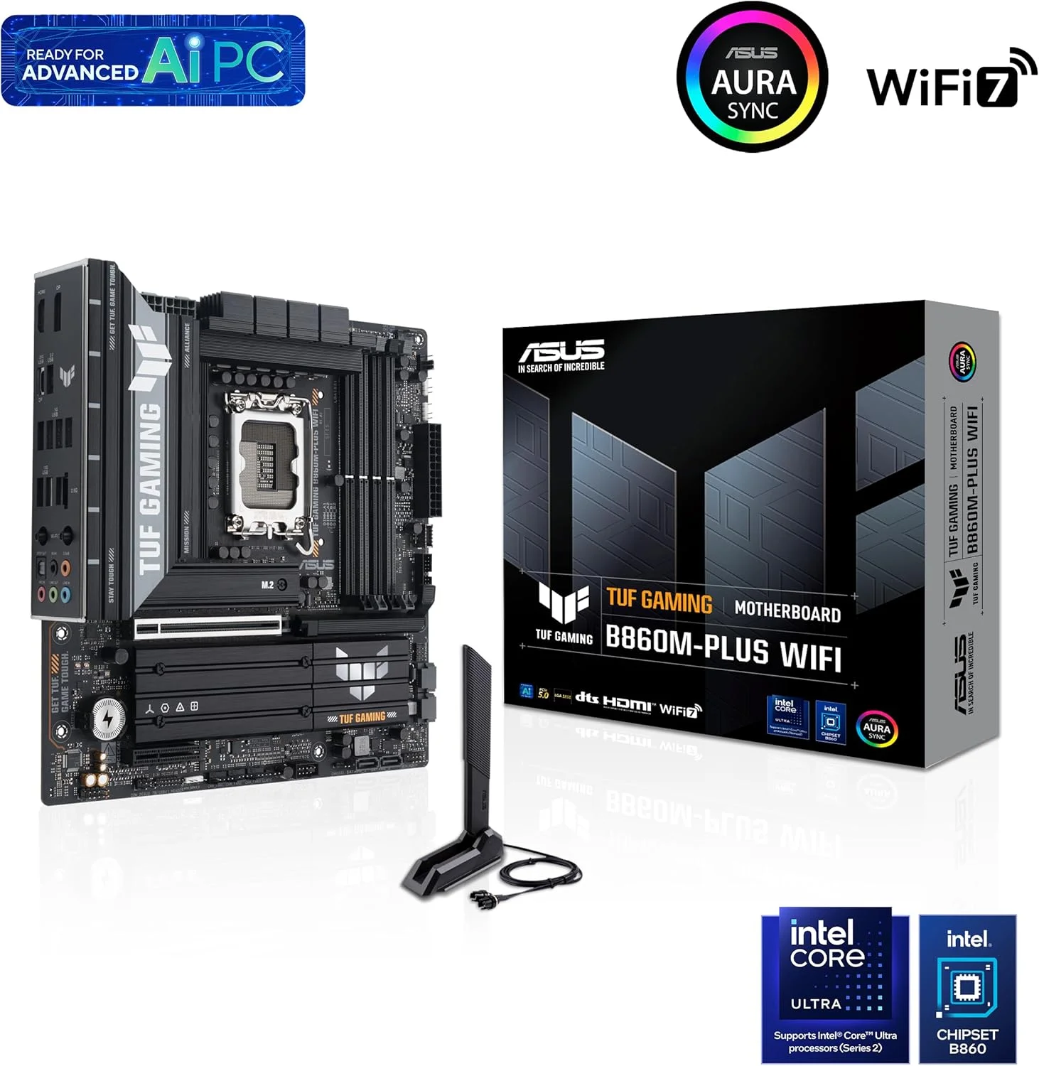 مادربرد ASUS TUF Gaming B860M-PLUS WiFi B860 LGA 1851 mATX، آماده برای پردازنده های Intel® Core™ Ultra Series 2، هوش مصنوعی کامپیوتر، 12+1+2+1 فاز 80A، DDR5، PCIe 5.0، 3X M.2، Wi-Fi 7، 2.5G LAN، HDMI™، USB 20Gbps Type-C®