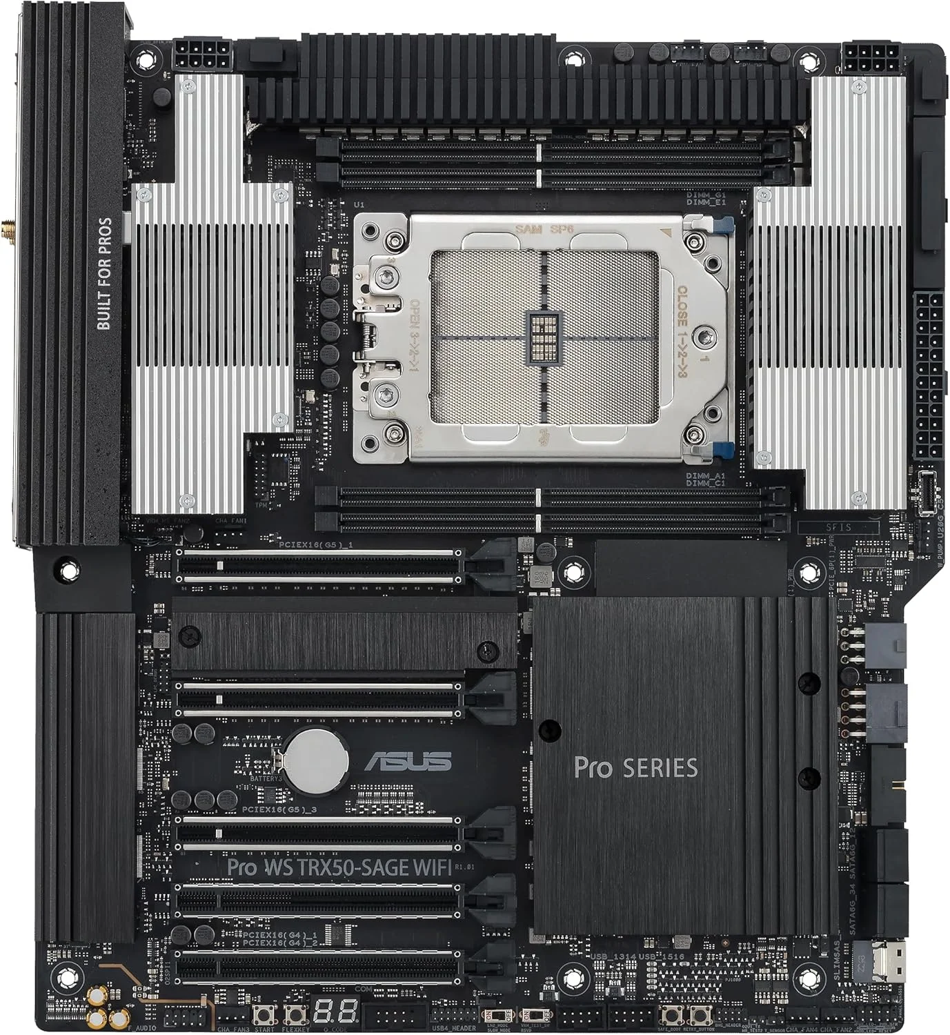 مادربرد ورک استیشن ASUS Pro WS TRX50-SAGE WIFI CEB، AMD Ryzen Threadripper PRO 7000 WX، ECC R-DIMM DDR5، 36 مرحله قدرت، WiFi 7، PCIe 5.0 x 16، PCIe 5.0 M.2، LAN 10 گیگابیتی و 2.5 گیگابیتی، پشتیبانی از چند GPU.